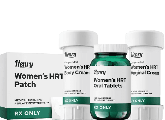 The image displays Henry brand HRT medications: patches, oral tablets, body and vaginal creams.