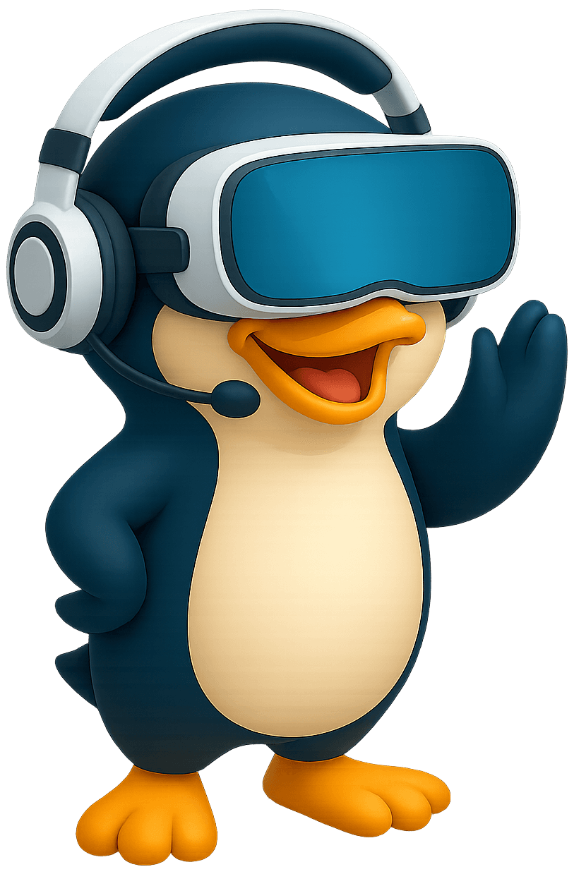 PenguinPilot penguin waving in a VR headset