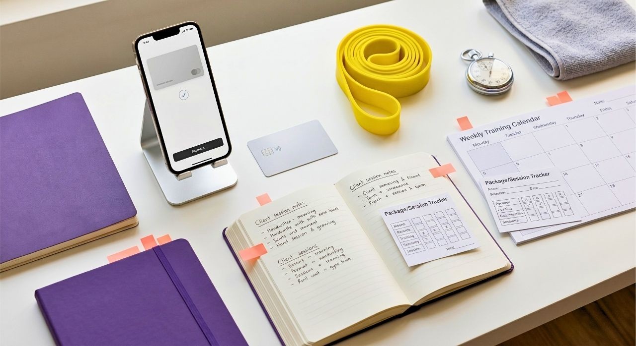 Card payment apps for personal trainers in Singapore shown with a phone, training calendar, session notes and payment tools