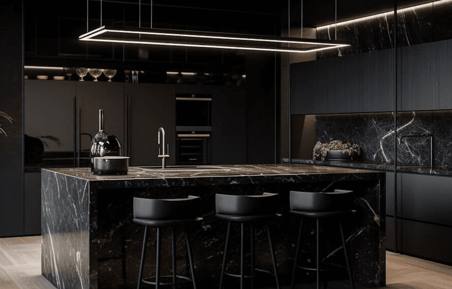 Modern glass and wood cabin with a cozy outdoor deck featuring wicker furniture, surrounded by lush green trees and a serene forest setting.