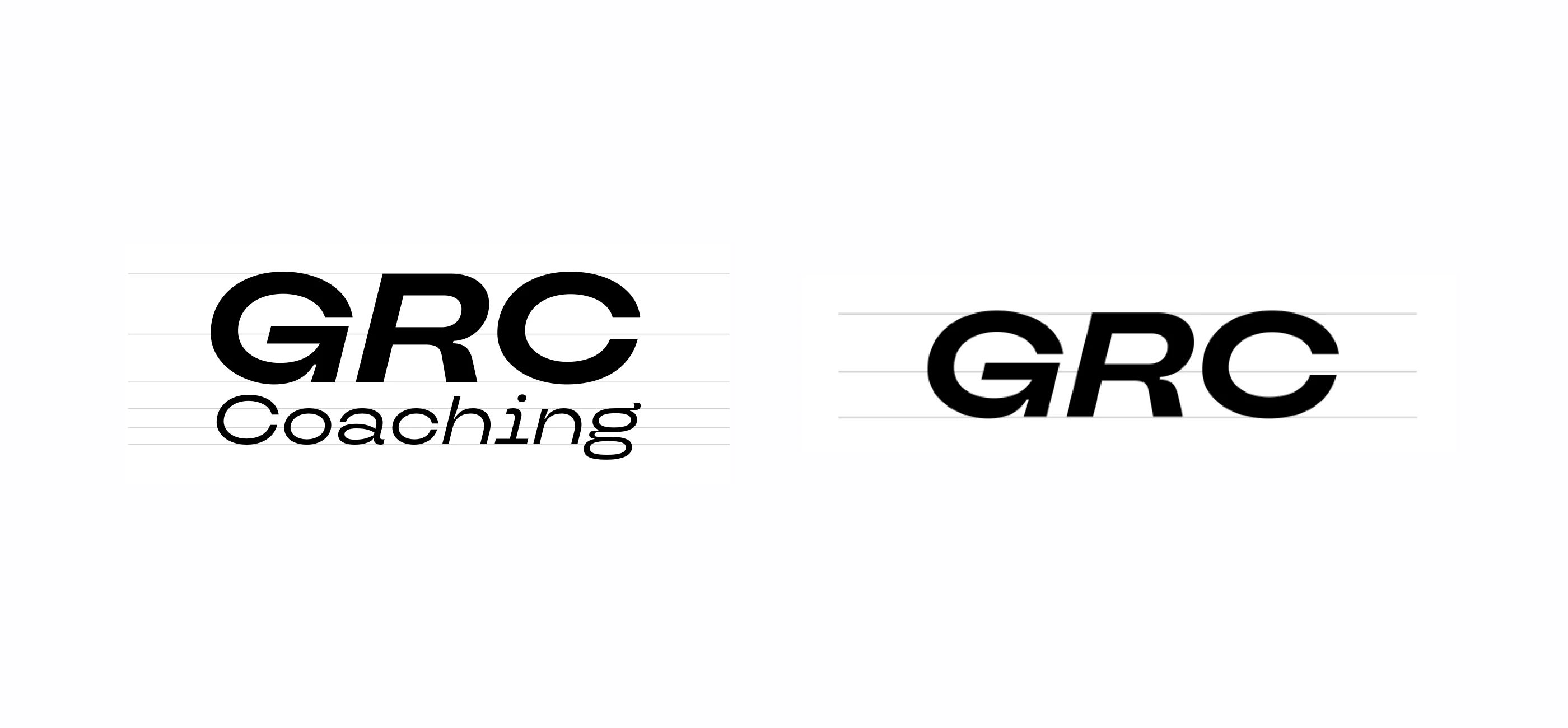 Recherche graphique et construction du logo GRC Coaching. Typographie bold et italique pour évoquer le mouvement.