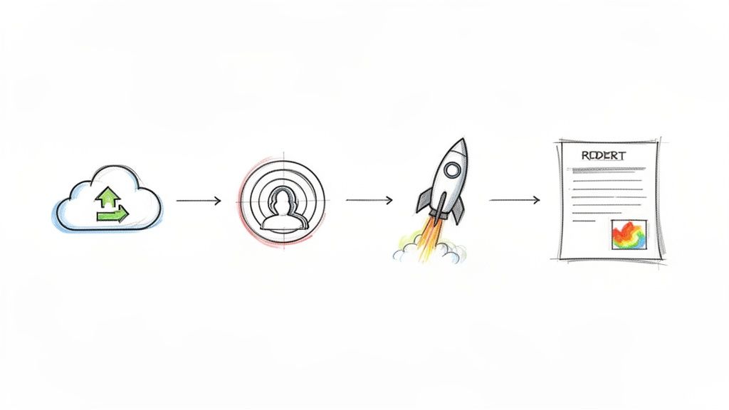 A visual representation of a process from cloud data to user profile, launching a report.