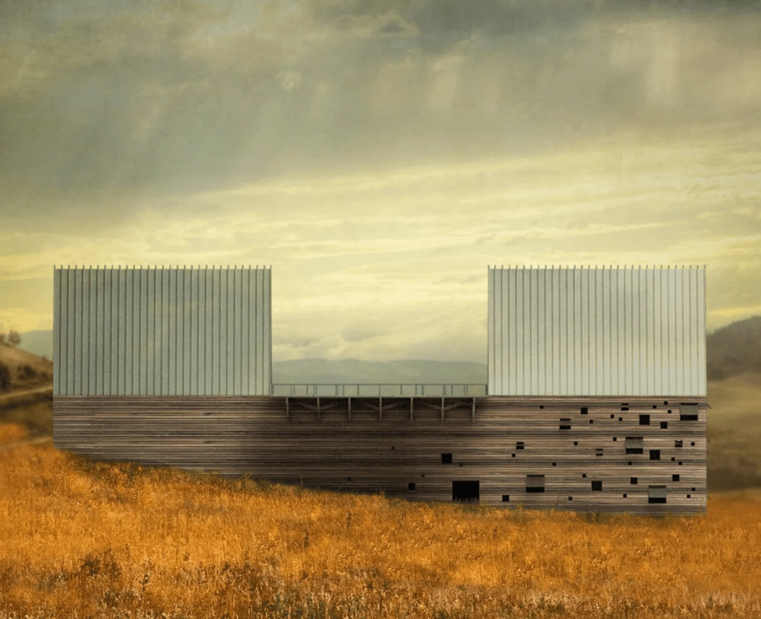 Elevation view of Ark House showing its two angled roof forms and irregular window pattern set against a dramatic Montana sky