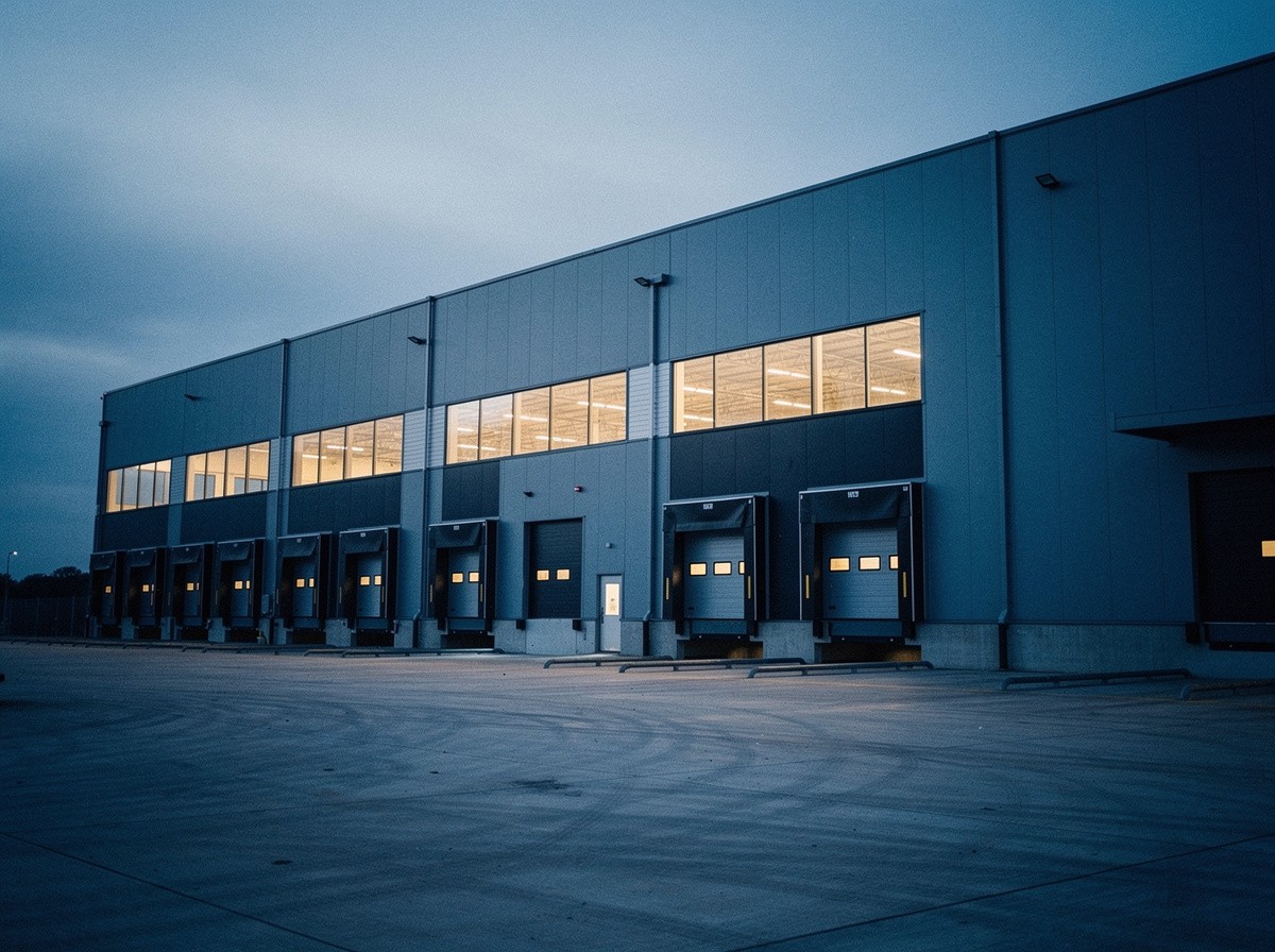 Exterior of a large pharmaceutical manufacturing facility at dusk