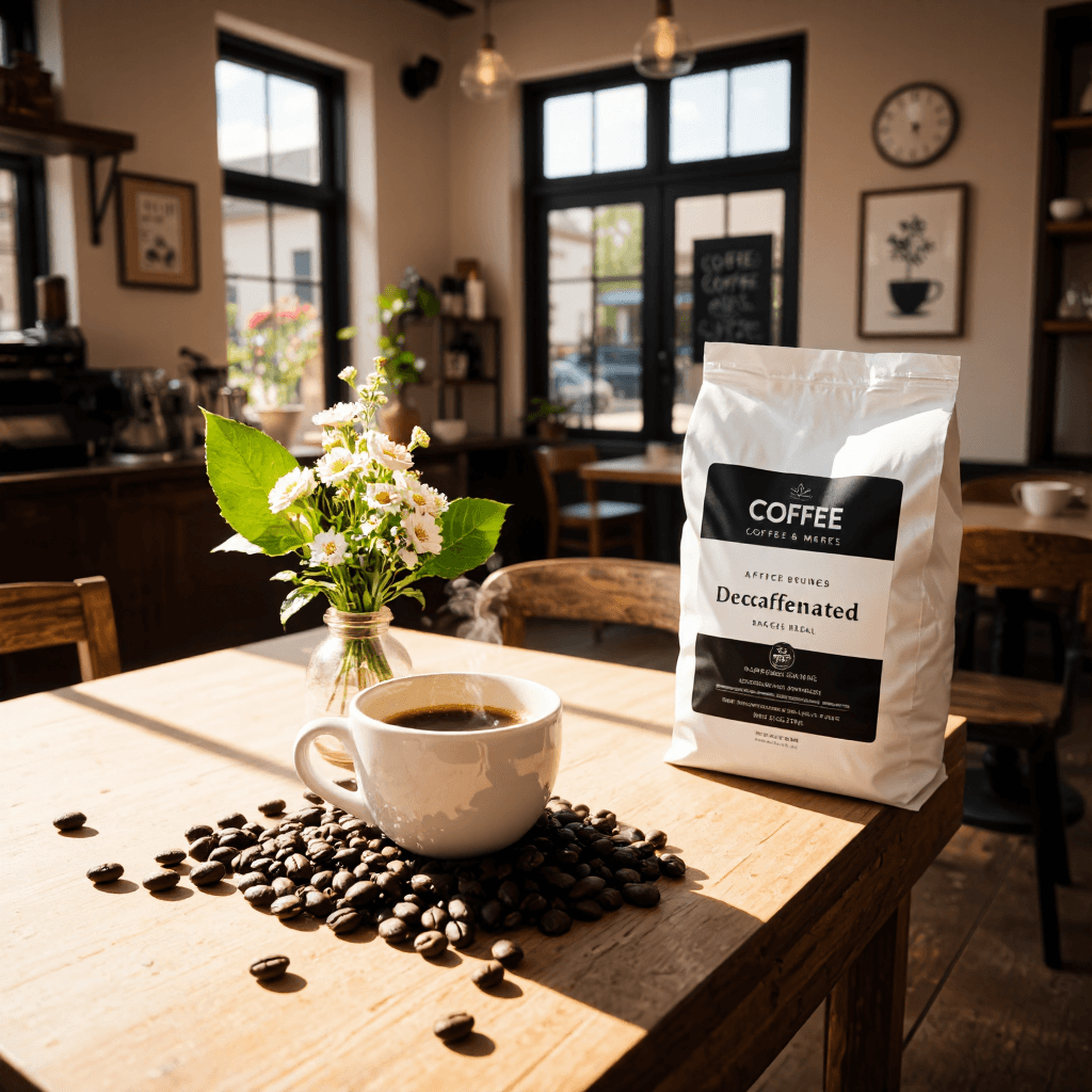 product photography of bag of decaffeinated coffee beans