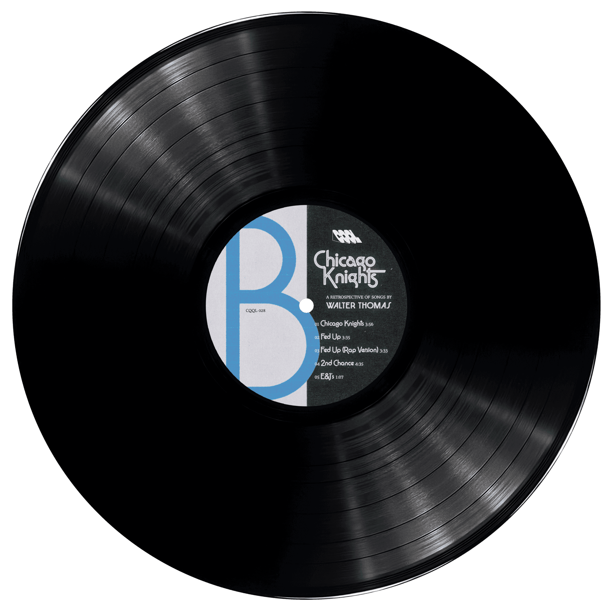 Black vinyl record with a label on a white background