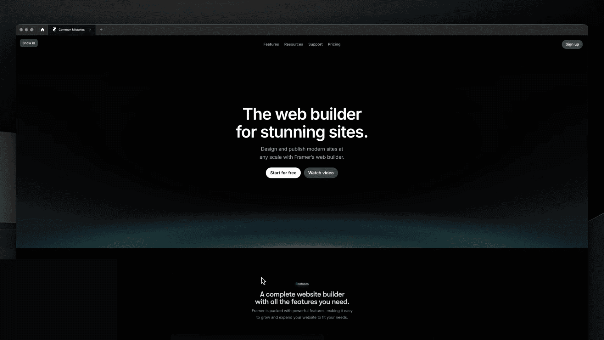 Web page view of a sleek dark-themed site promoting a web builder with a headline 'The web builder for stunning sites.', featuring navigation options and buttons to 'Start for free' and 'Watch video'