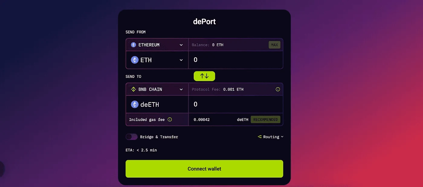 dePort bridge UI sending ETH from Ethereum to deETH on BNB Chain with protocol fees