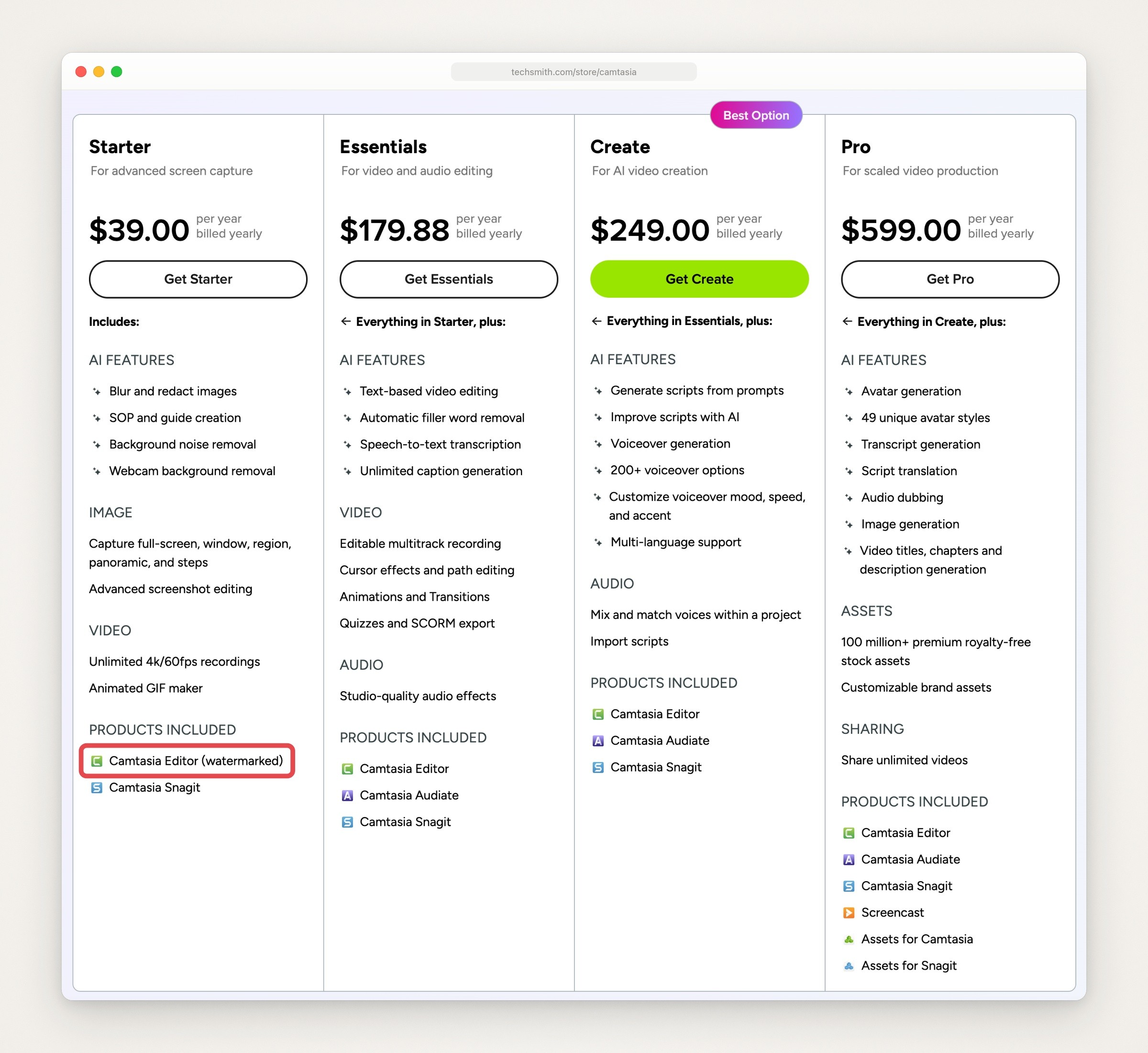 TechSmith’s Camtasia store: four yearly plans, Starter $39, Essentials $179.88, Create $249, Pro $599, with a box around Starter’s watermarked editor