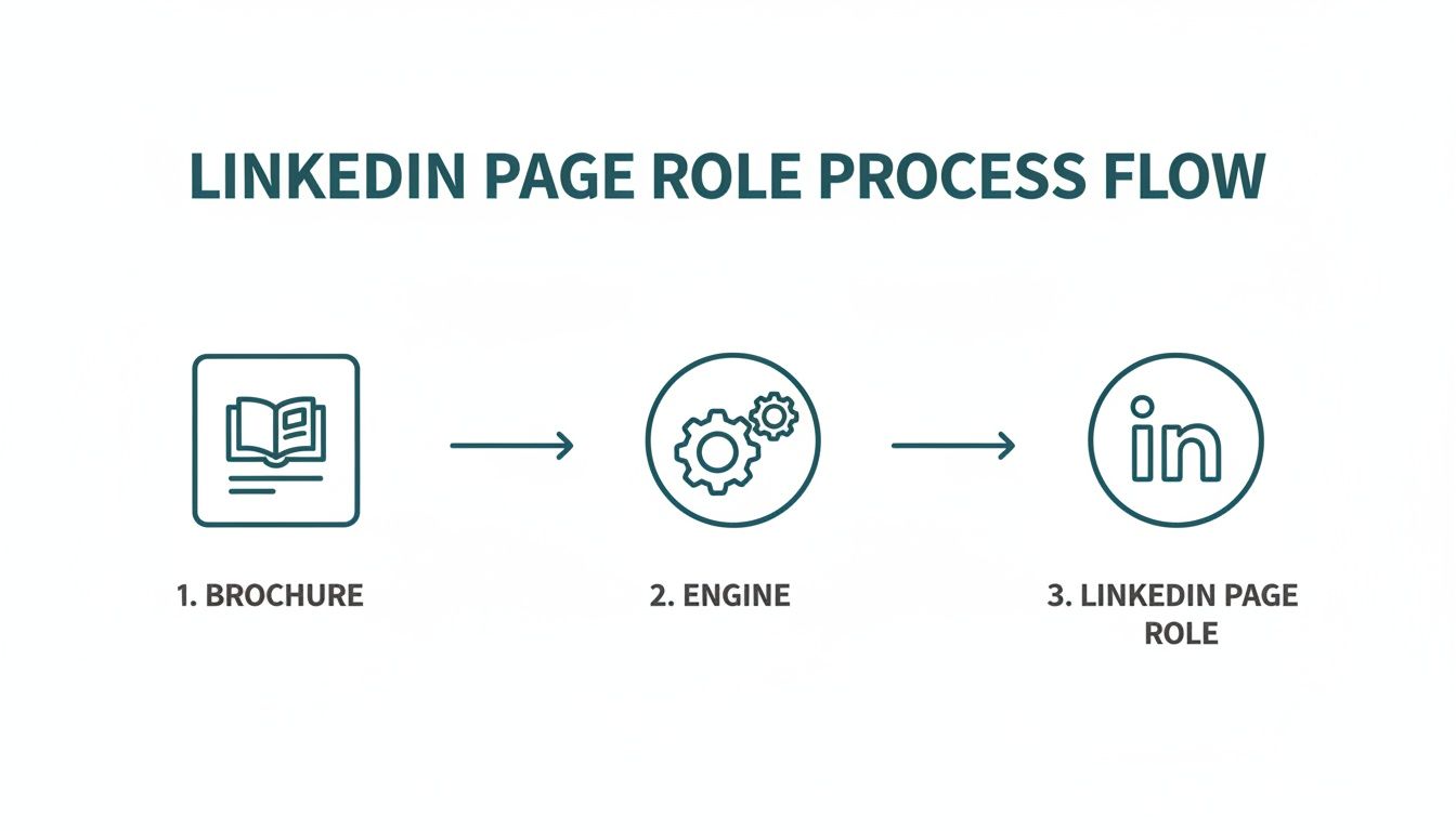 A process flow diagram showing steps to manage LinkedIn page roles: Brochure, Engine, and LinkedIn Page Role.