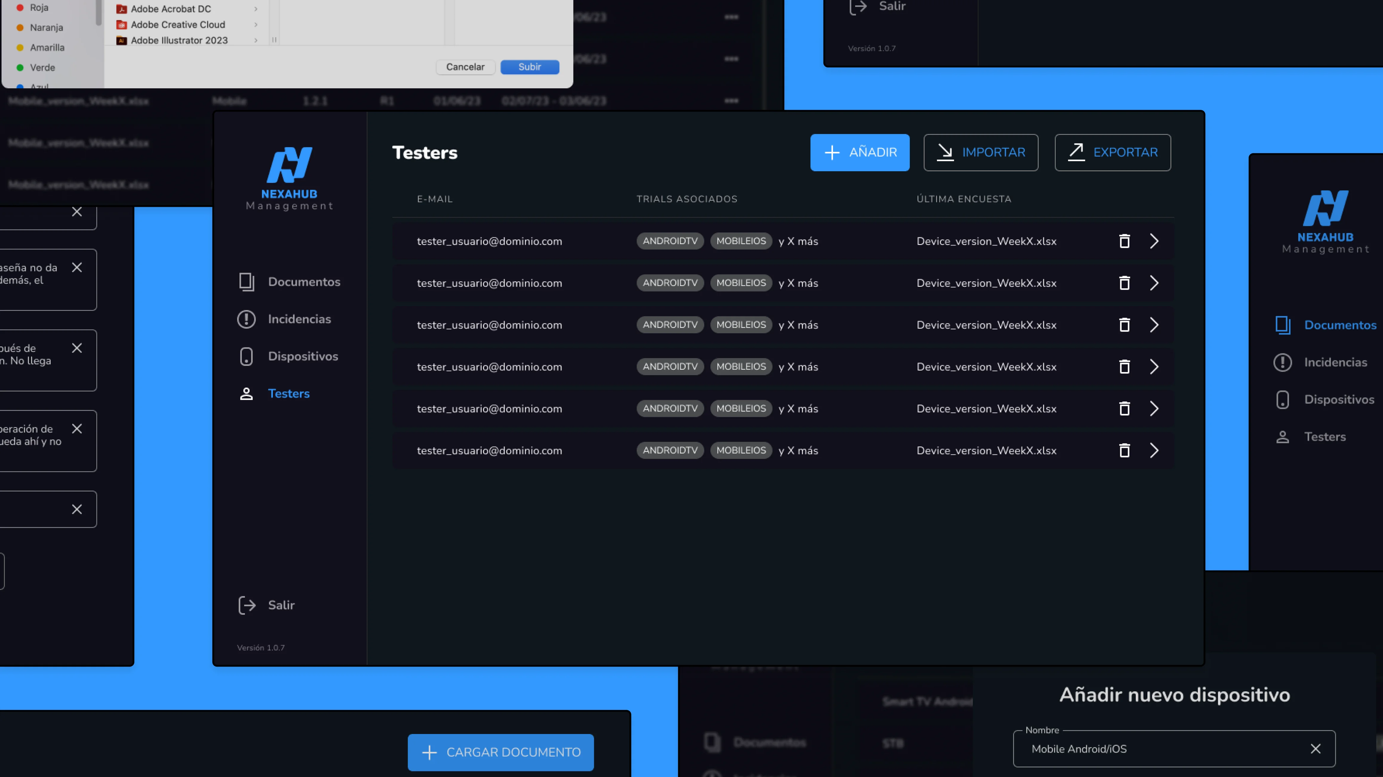 A collection of blue and black screens displaying various types of information, representing mockups of a CMS app.