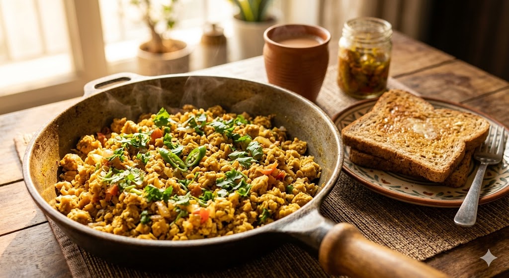 A steaming cast-iron pan of scrambled soy chunk bhurji garnished with fresh coriander and green chilies, served with toasted whole-wheat bread on a rustic wooden breakfast table with warm morning light.