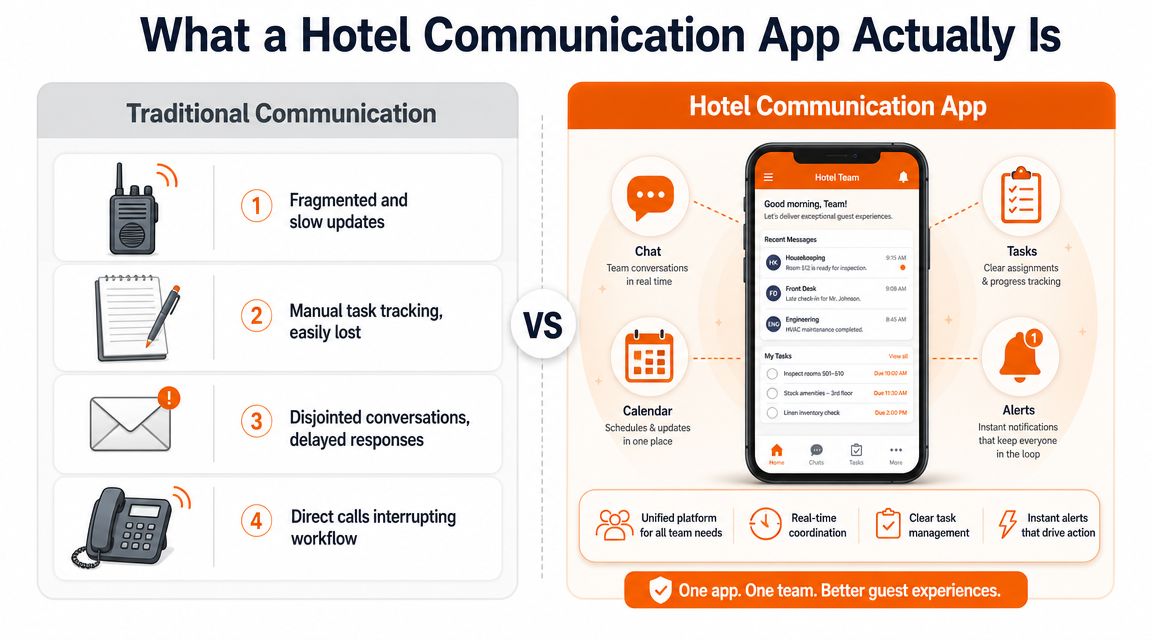 A comparison graphic showing how a hotel communication app improves efficiency over traditional manual communication methods.