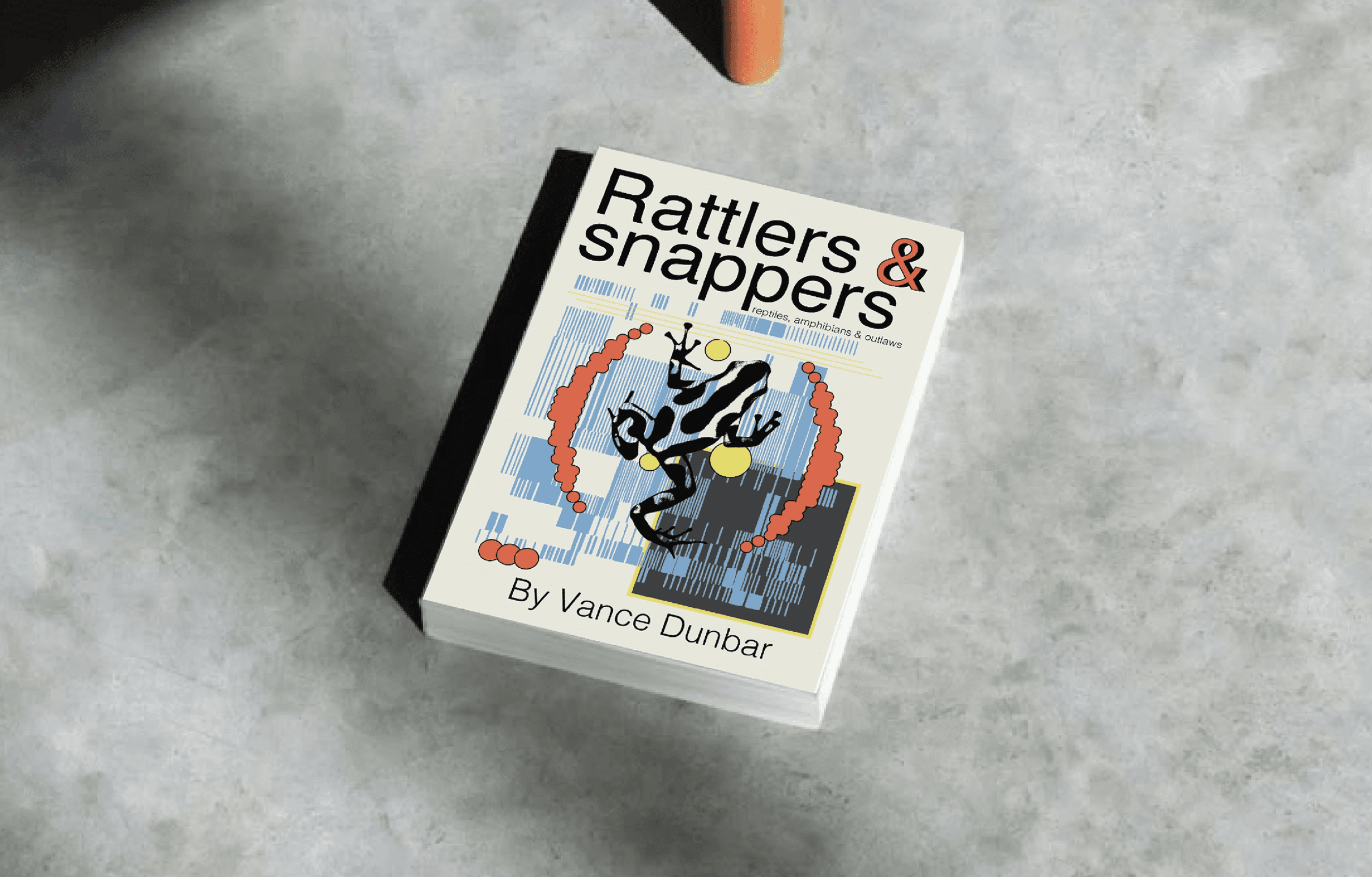 Neo-modernist Rattlers & Snappers book cover mockup featuring bold typography, frog illustration and geometric collage elements.