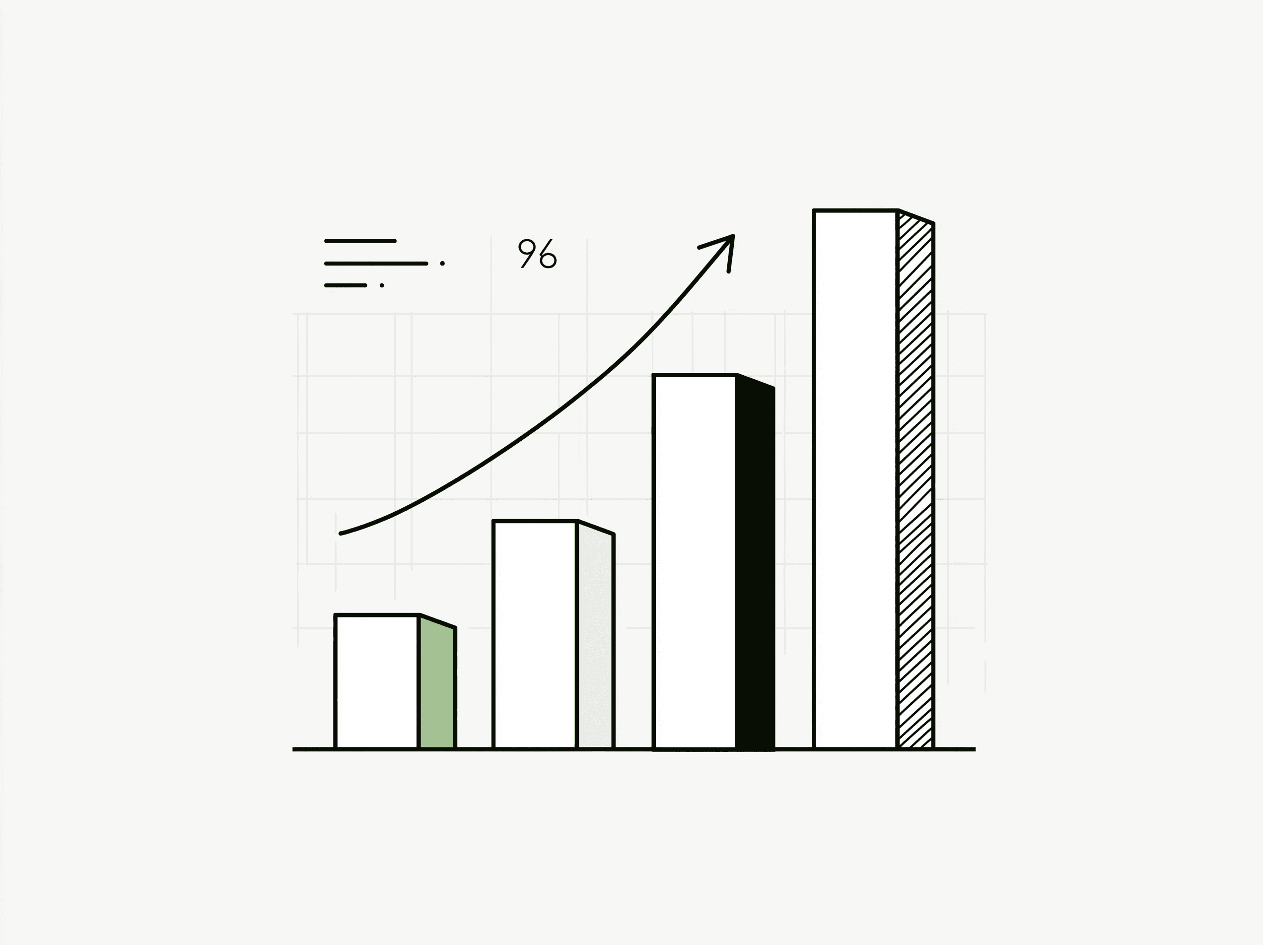 Line-drawn bar chart of monthly recurring revenue stepping up month over month beneath a rising arrow