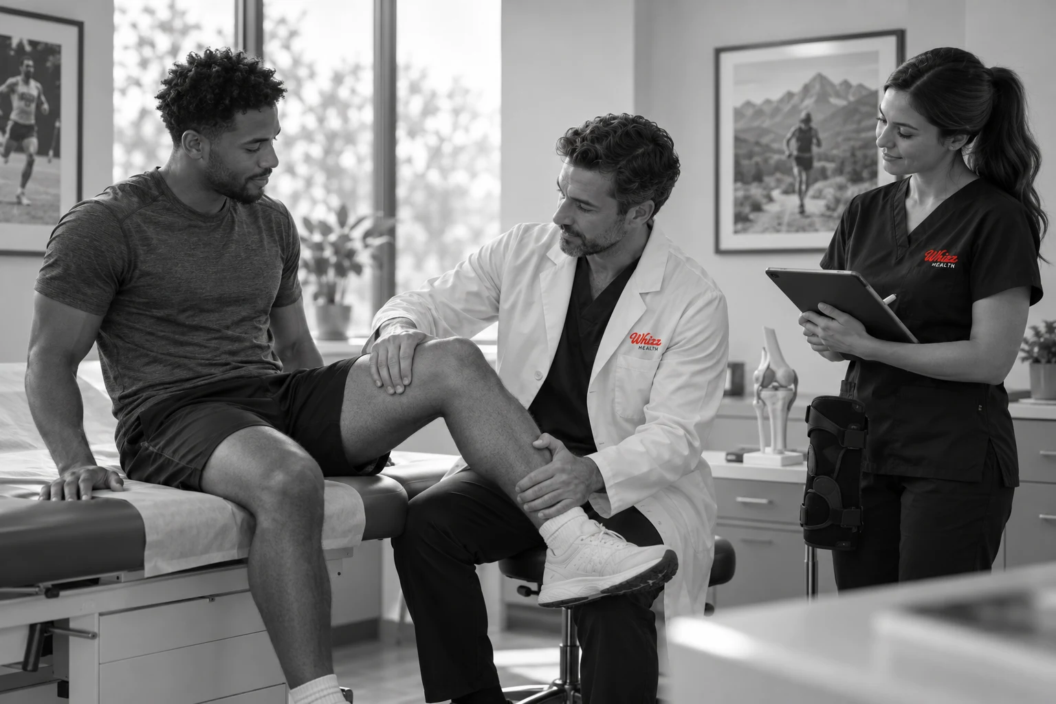 Sports medicine physician examining an athlete's knee while a Whizz Health research coordinator records notes