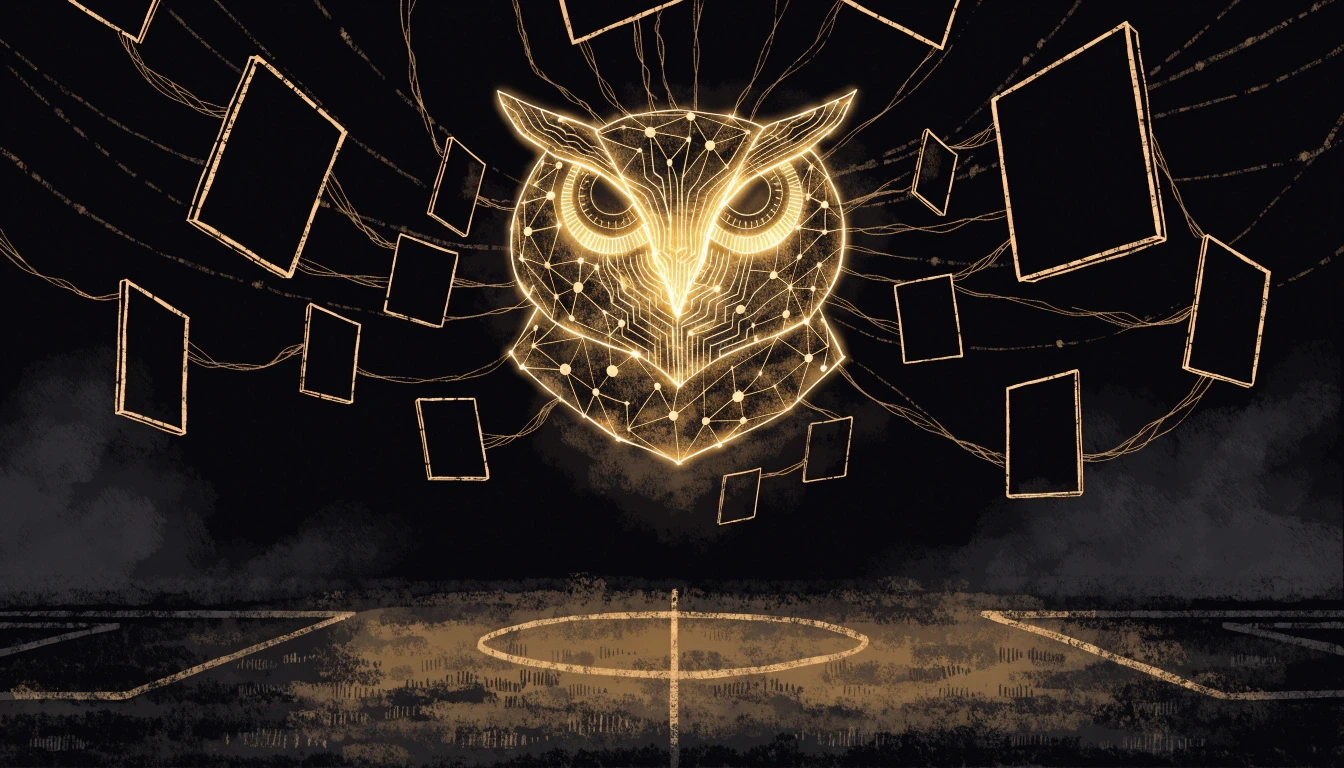 Illustration of a glowing golden owl-shaped neural network hovering over a dark football pitch, surrounded by floating blank result cards