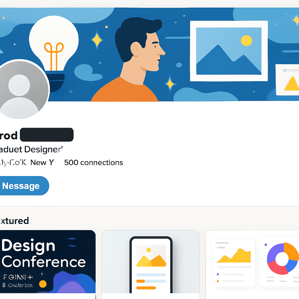 Un primer plano de un perfil de LinkedIn bien diseñado, mostrando un banner creativo y la sección de 'Destacados' con trabajos visuales