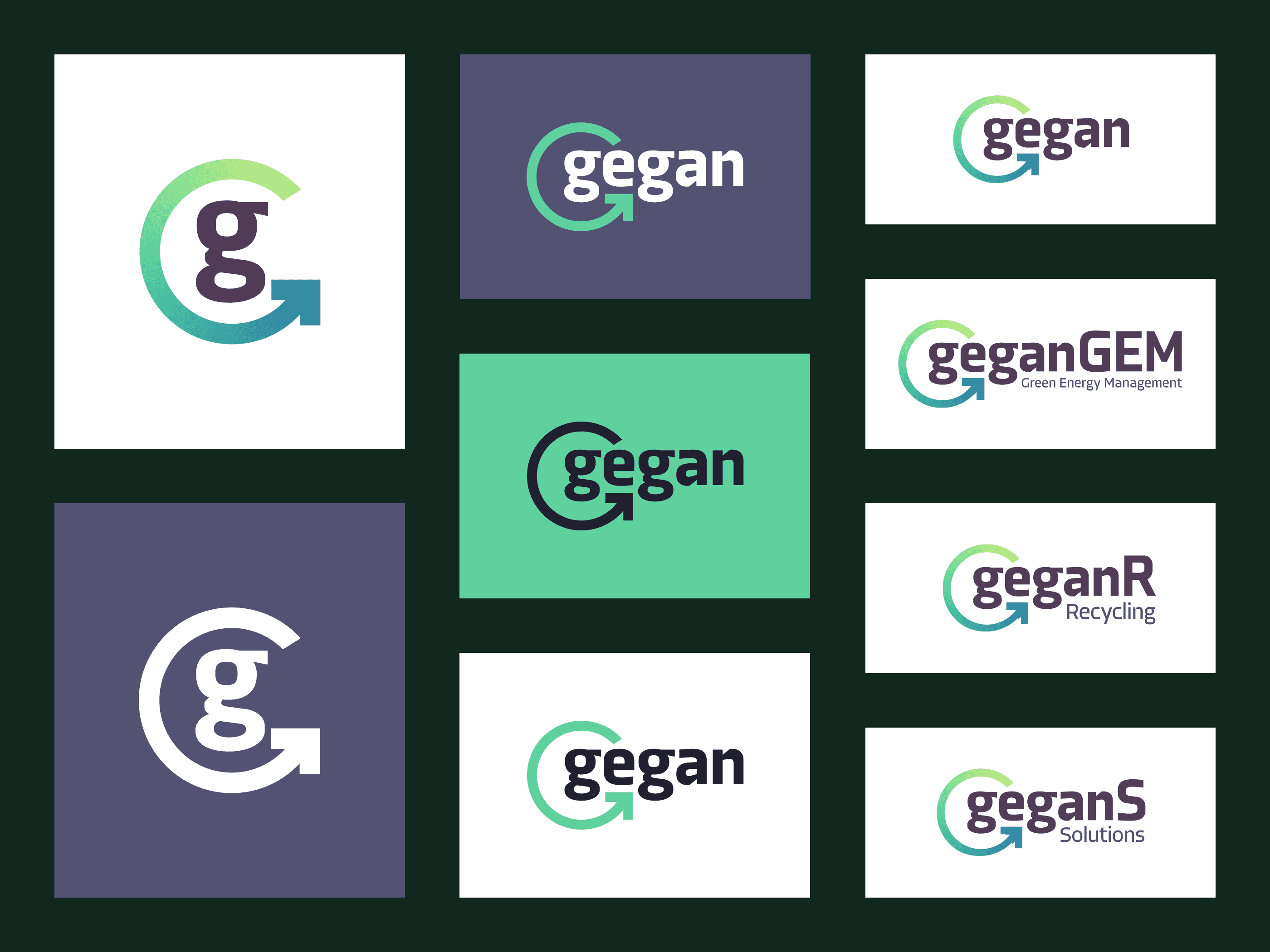 Logo variations for waste management company gegan, including an icon, combination mark, and an option with tagline