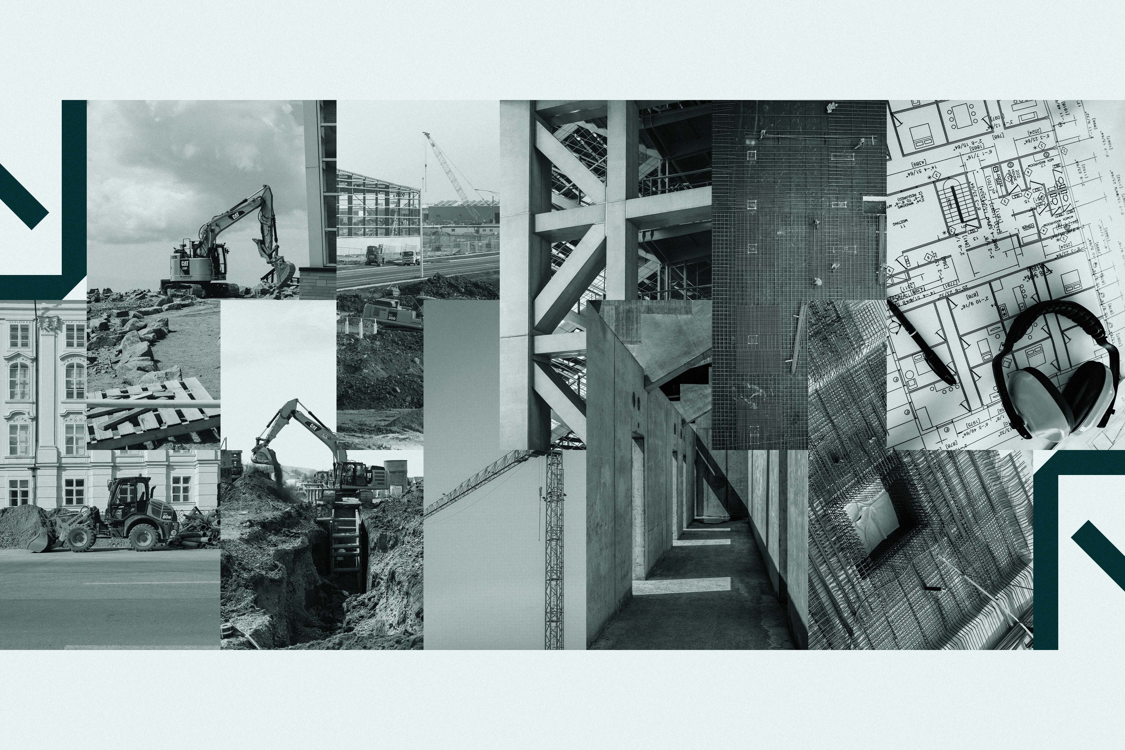 Civil engineering moodboard collage with construction machinery, concrete structures, and architectural drawings - Dozer-Ép, a civil engineering brand identity.