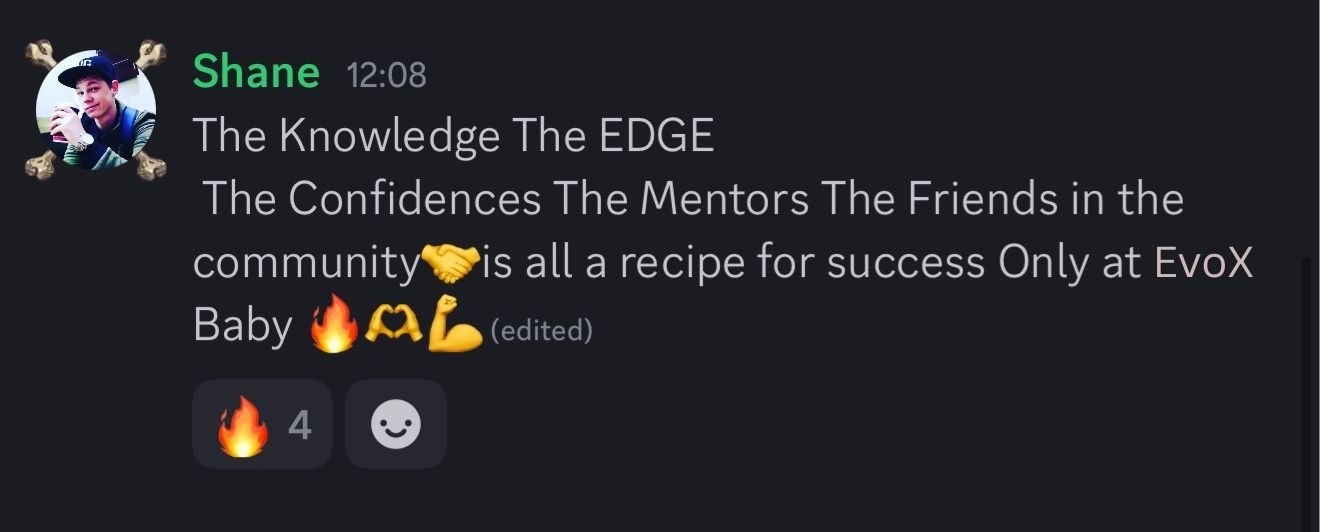 Text testimonial from Evo X member Shane highlighting knowledge, confidence, mentors, and community support at Evo X