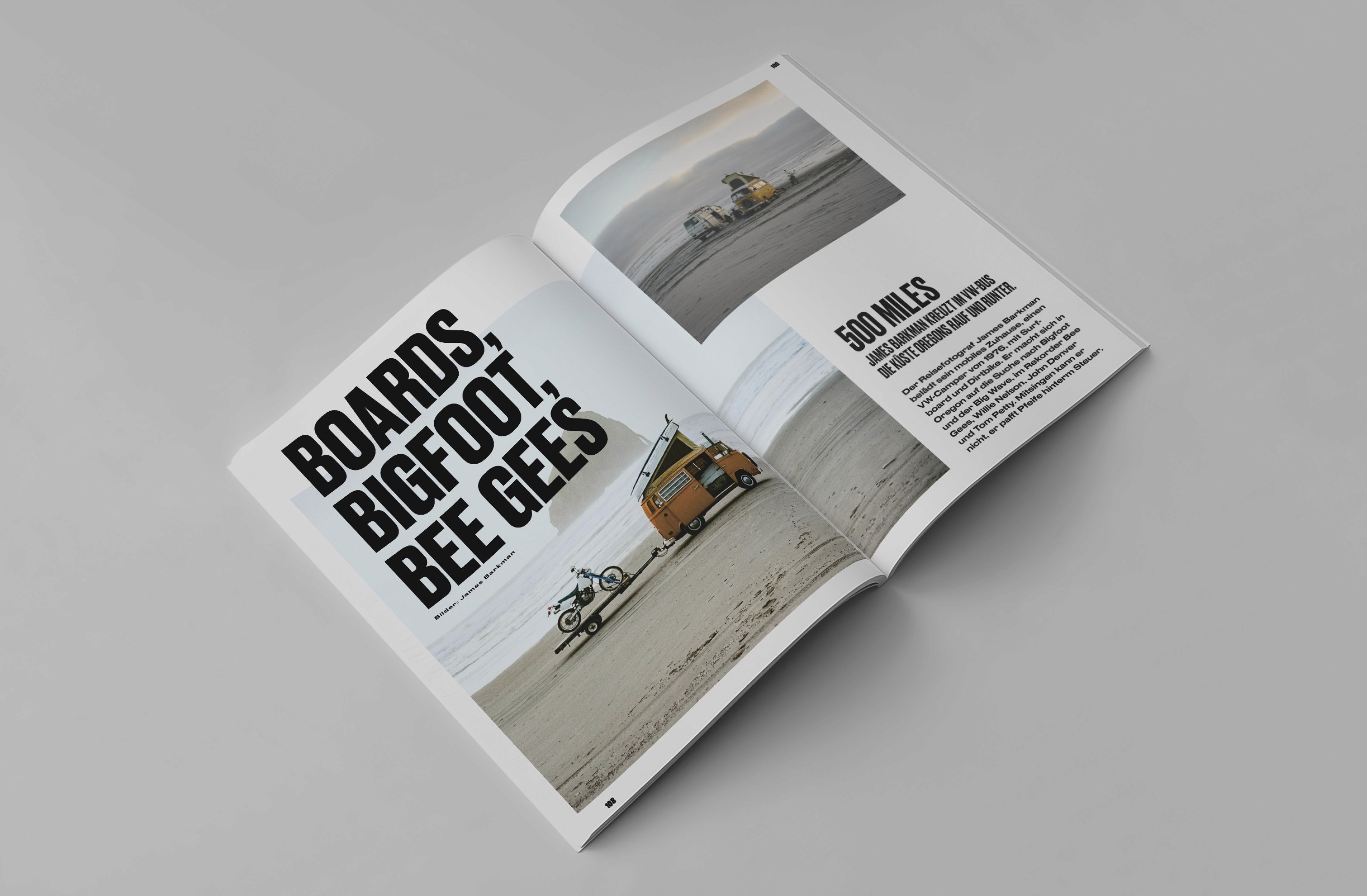 Magazine spread featuring a retro Volkswagen van and a motorcycle on a beach, highlighting adventure and lifestyle themes.