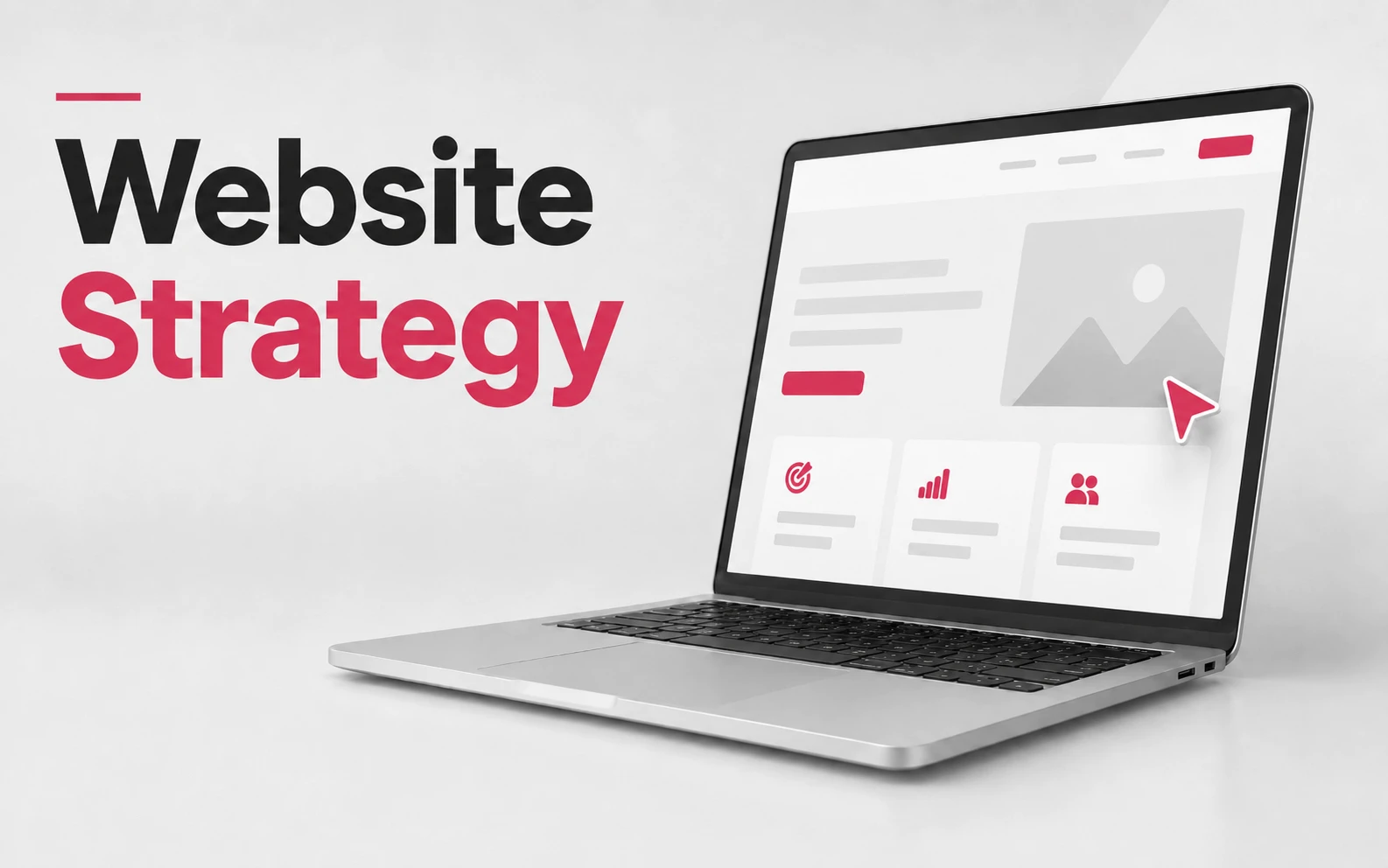 Website Strategy text and laptop with UI elements