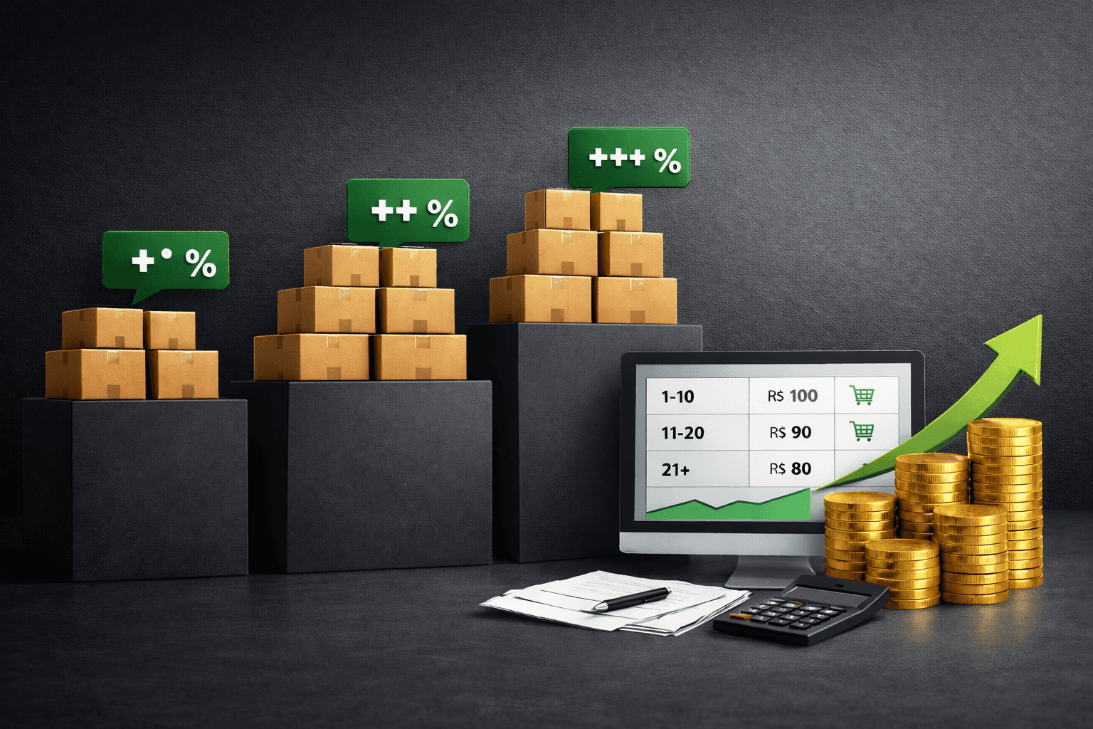 Ilustração 3D minimalista em formato 16:9 mostrando três níveis de plataformas escuras com caixas empilhadas, cada nível maior que o anterior, representando aumento de volume. Acima de cada pilha há ícones de porcentagem em verde indicando desconto progressivo. À direita, um monitor exibe uma tabela de preços por quantidade, acompanhado de uma seta verde apontando para cima e pilhas de moedas, simbolizando crescimento do ticket médio. Fundo escuro com detalhes em verde e preto, sem texto.
