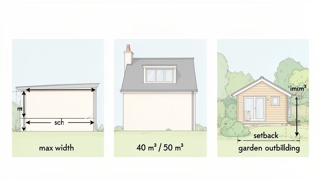 Three diagrams explaining permitted development rules for extensions and garden outbuildings, showing dimensions and volume.
