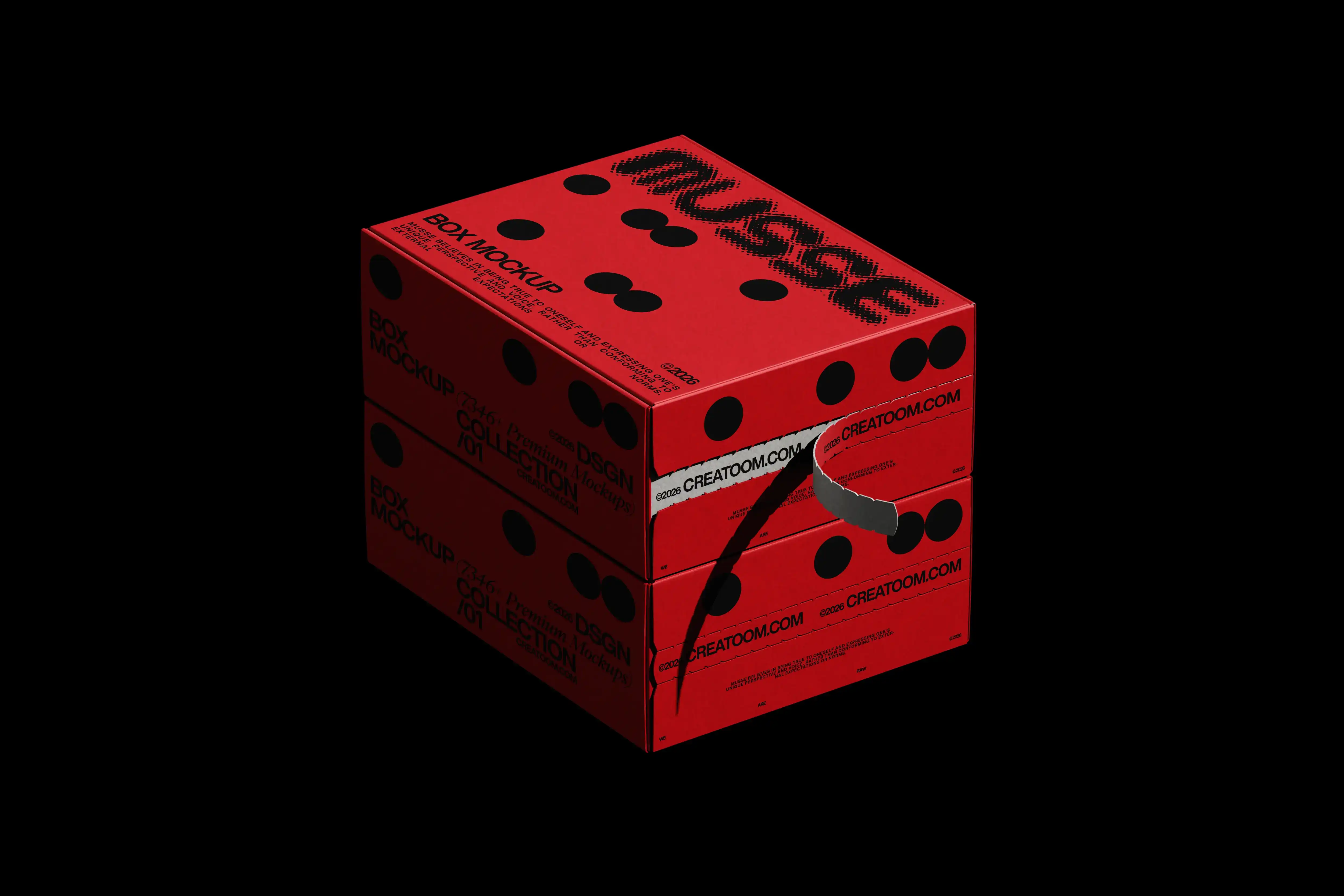 Red printed shipping box with black circular graphics and typography