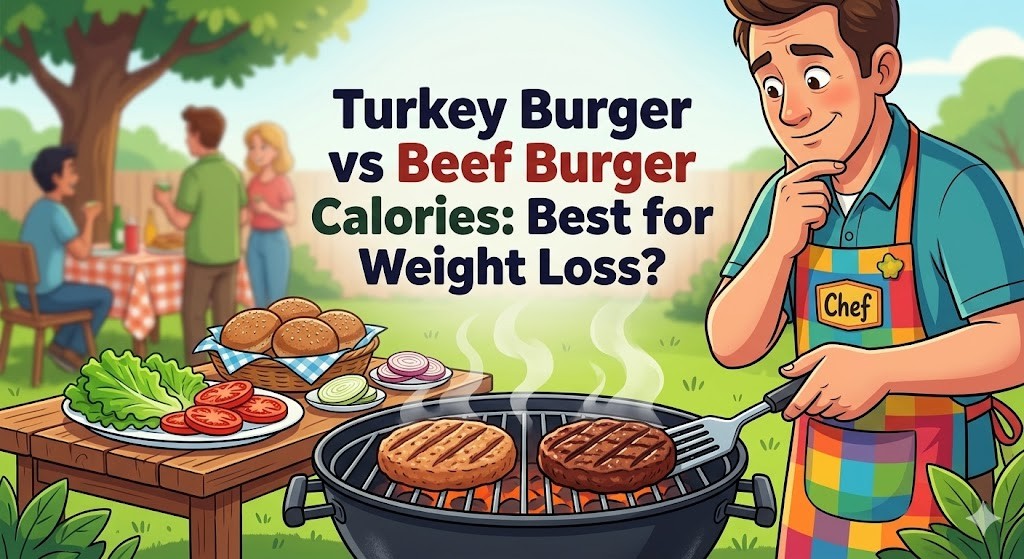 A vibrant, high-production quality photograph of a healthy grilled hamburger, featuring a thick patty, fresh green lettuce, a bright red tomato slice, and a whole-grain bun, presented as a comparison between turkey and beef burgers for calorie content and weight loss. The background is a gently blurred, sunlit backyard barbecue scene.