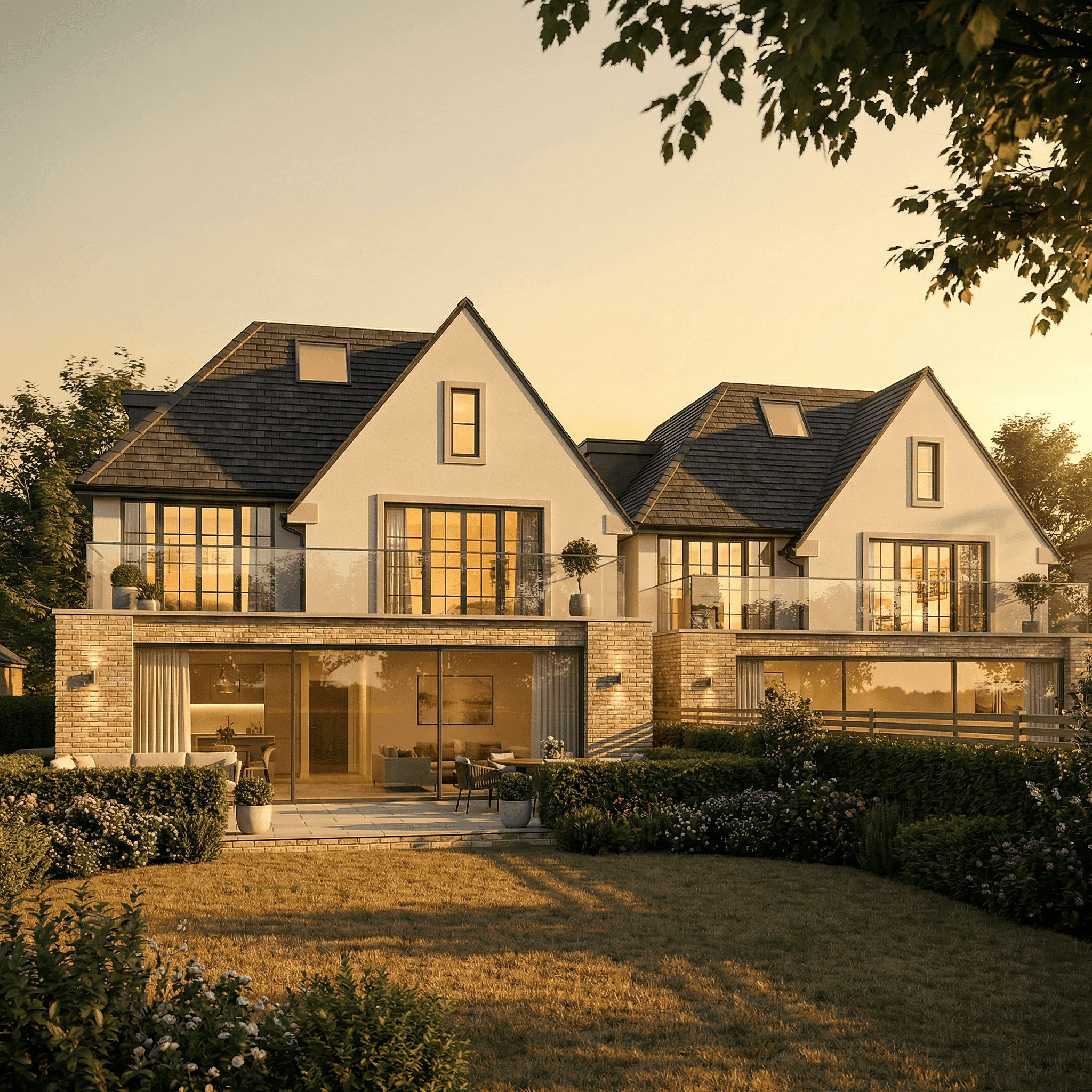 Modern commercial space with a slanted roof, surrounded by greenery and a spacious outdoor area.