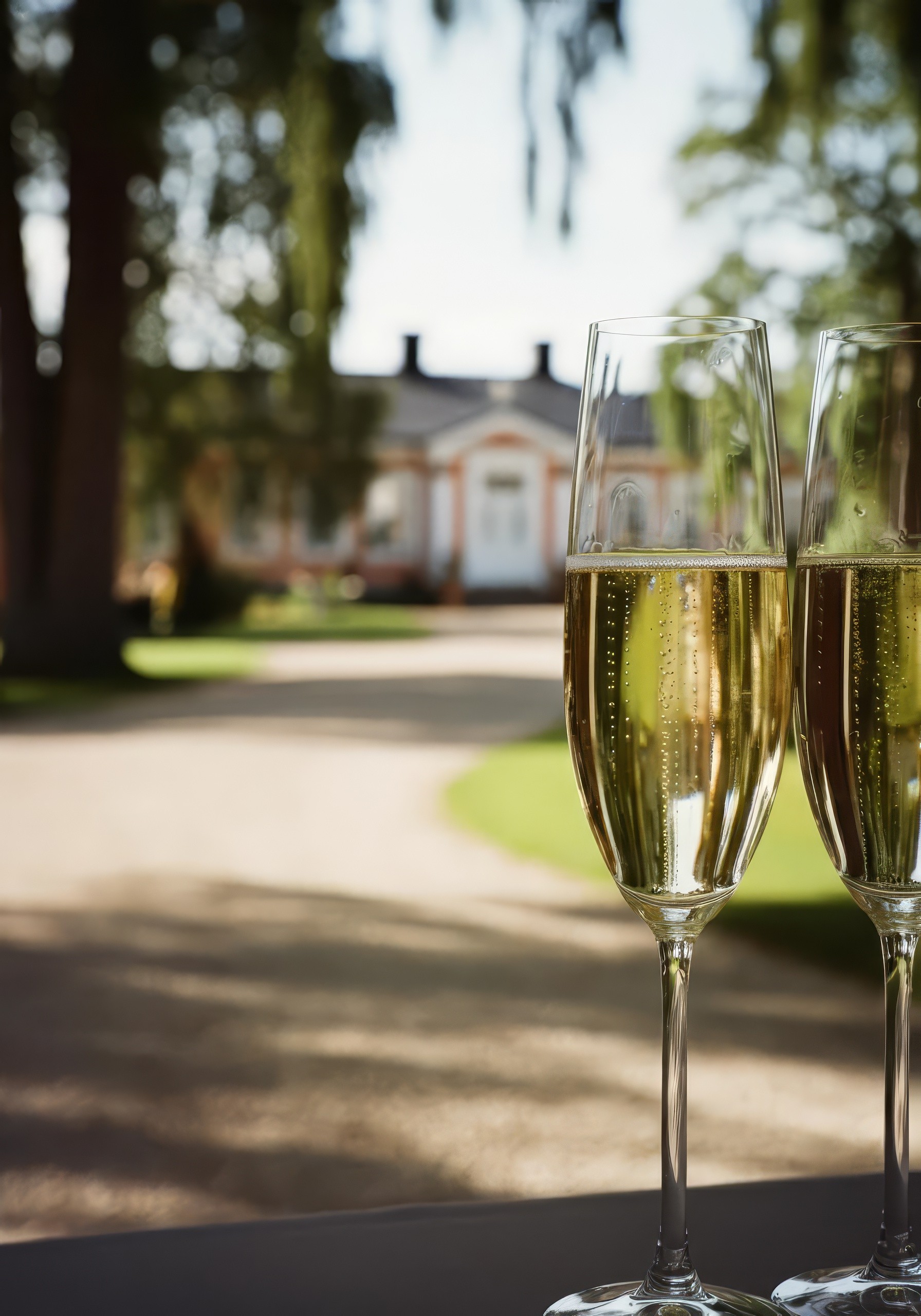A serene pathway lined with trees leads to a distant building, bathed in warm sunlight.