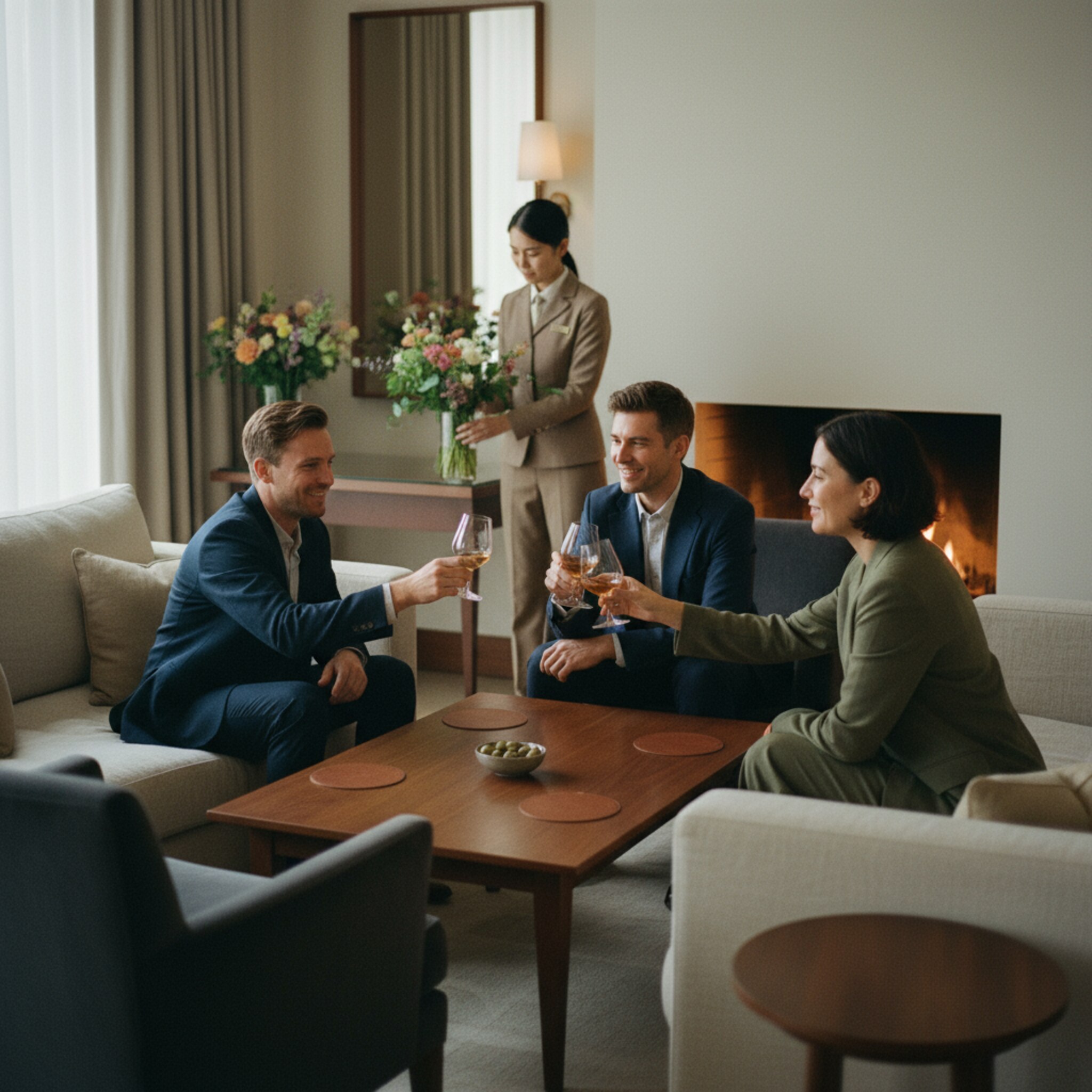 In einer gedämpft beleuchteten Club-Lounge stoßen drei Mitglieder mit Gläsern an. Ein Kamin flackert ruhig, Samtsessel rahmen einen niedrigen Holztisch. Im Hintergrund arrangiert ein Mitarbeiter frische Blumen in einer Vase. Die Atmosphäre wirkt privat, kultiviert und klar strukturiert, ohne visuelle Überladung.