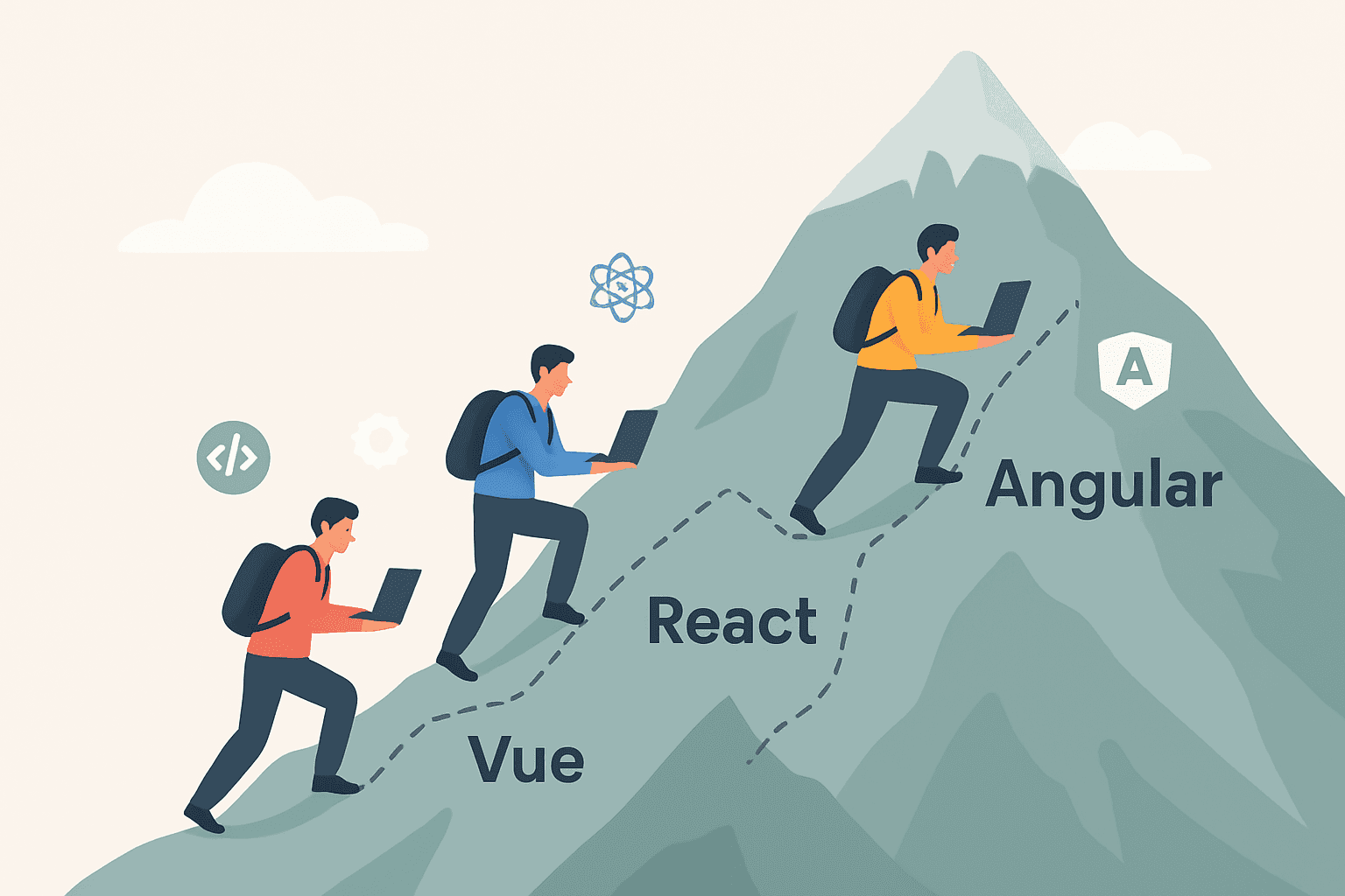 A mountain path illustration with three ascending routes labeled “Vue” (shorter), “React” (medium), “Angular” (steepest). Developers (flat avatars) walking or climbing each path with laptops and icons floating around.