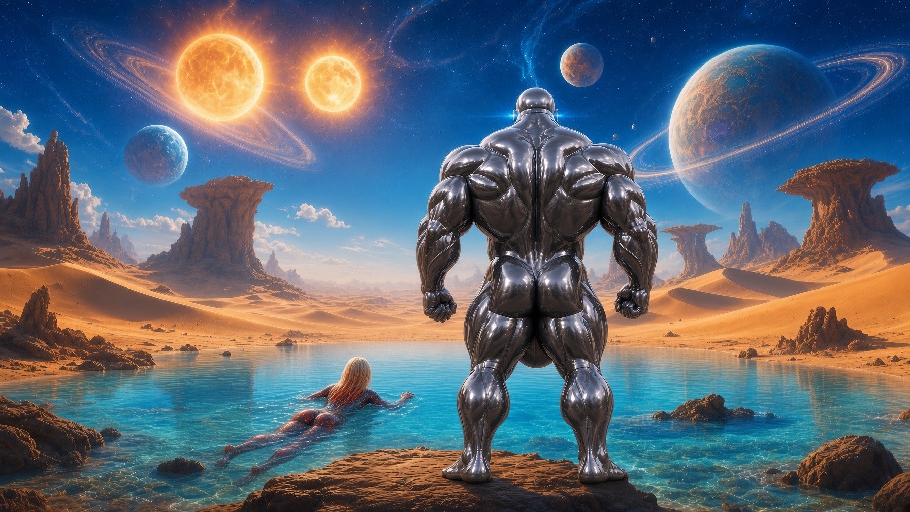 the chrome titan, twin suns and the swimmer
