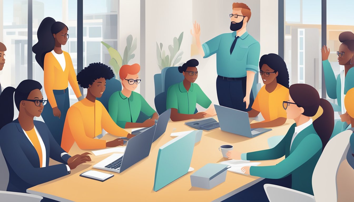 Eine kreative Darstellung einer Besprechung, bei der Mitarbeiter unterschiedlicher Herkunft ihre Ideen gleichberechtigt einbringen, unterstützt durch einen Arbeitgeber der Chancengleichheit.