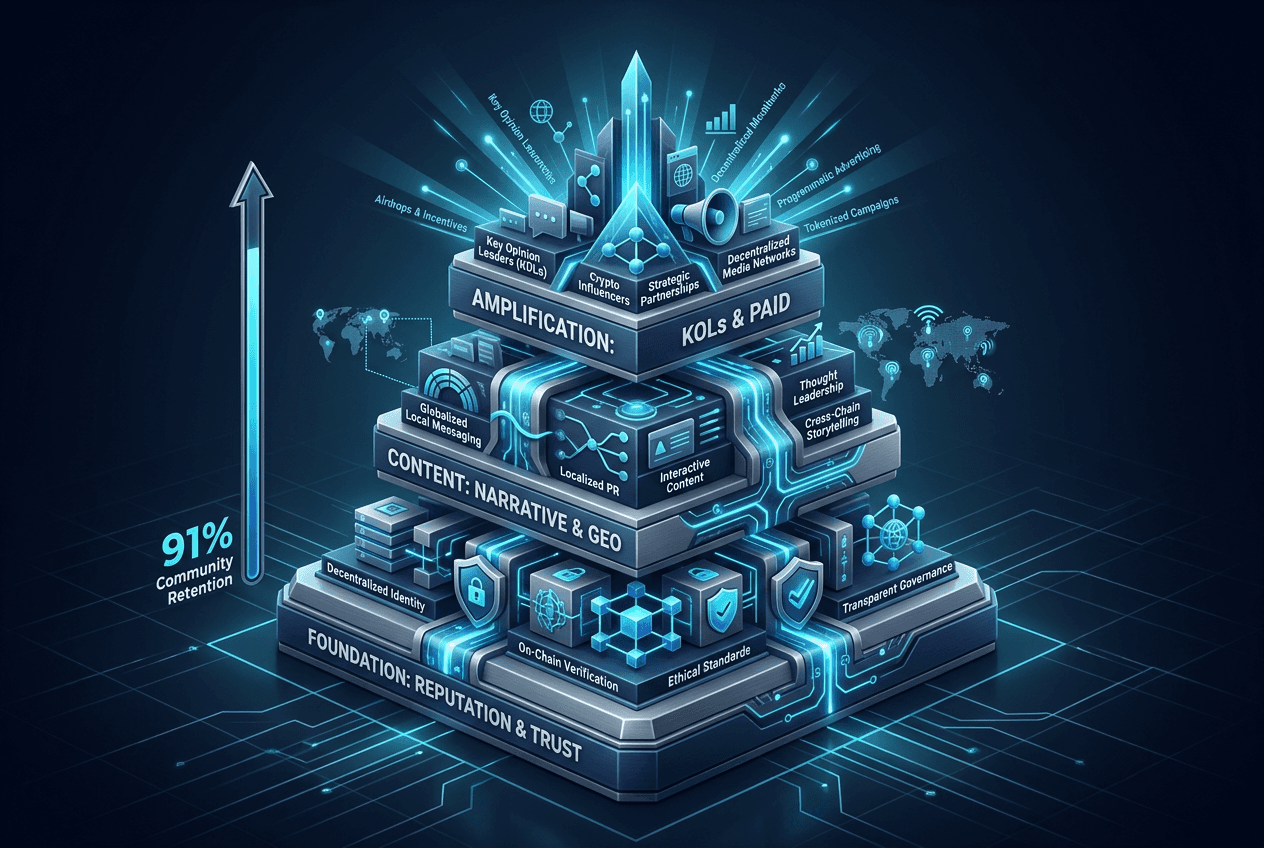 A 3D infographic showing the three pillars of Web3 PR: Foundation (Reputation), Content (Narrative/GEO), and Amplification (KOLs and Paid Media).
