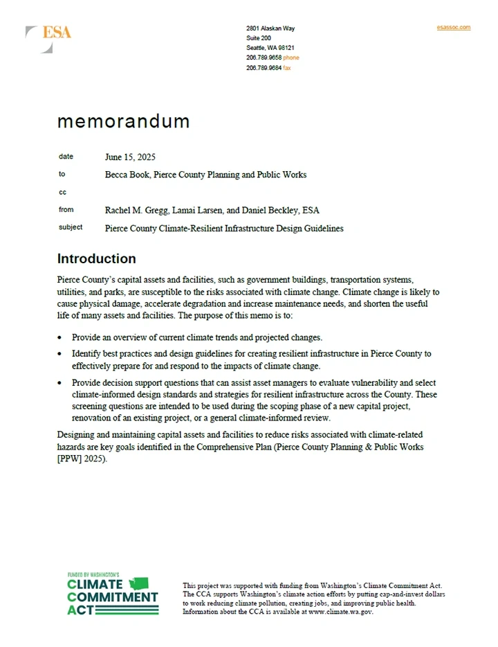Cover of the Pierce County Climate Resilient Infrastructure Memo. The ESA logo, address and information at the top, memo text in the middle, and Climate Commitment Act logo are on the bottom.