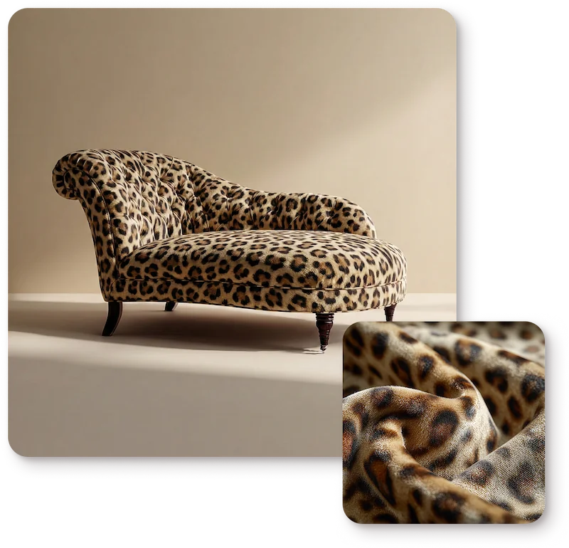 Leopard print chaise and fabric swatch