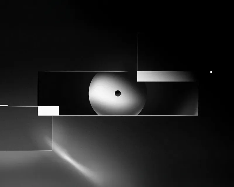 Abstract black and white image featuring geometric shapes and a circular form in the center.