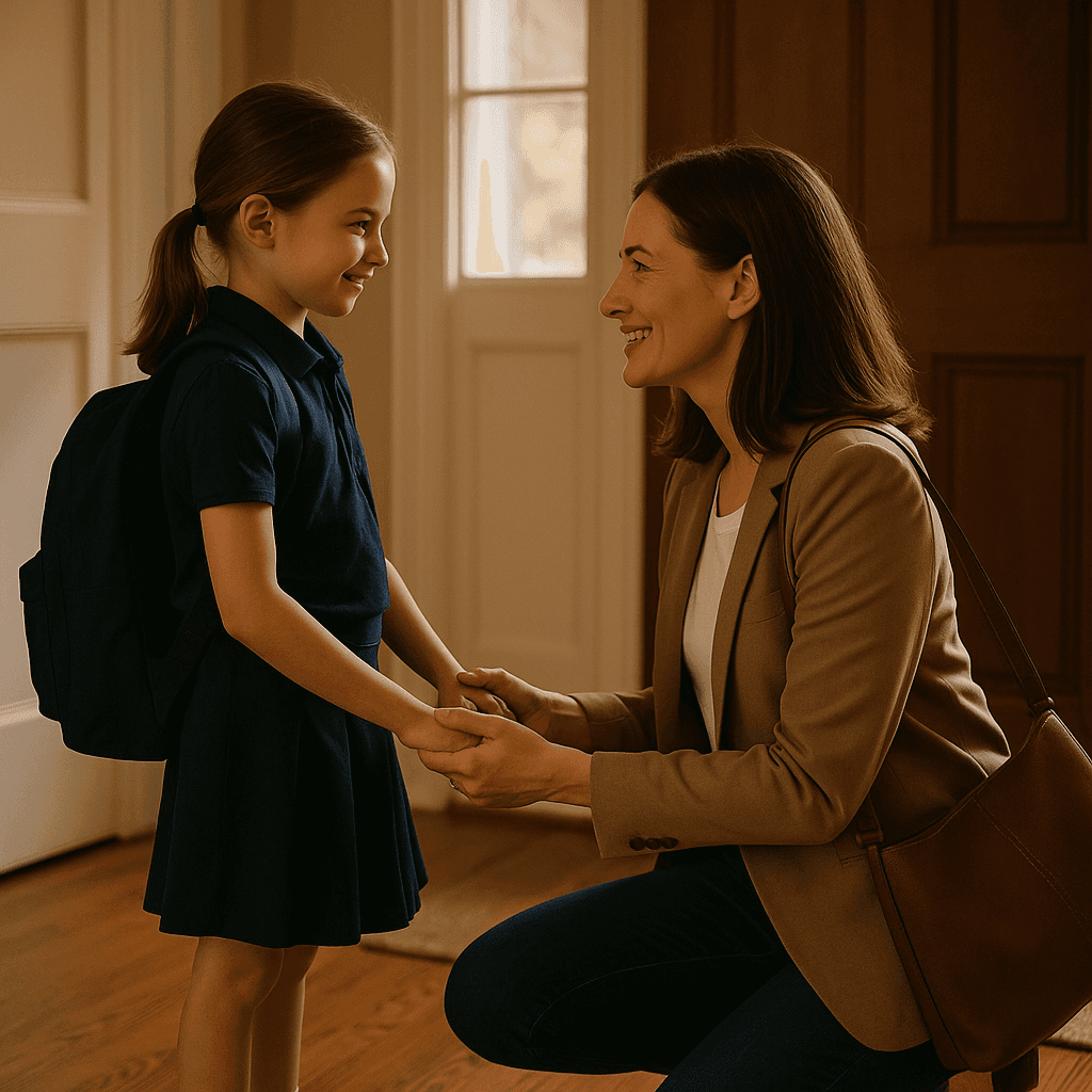 Parent helping child with separation anxiety techniques using eye-level connection