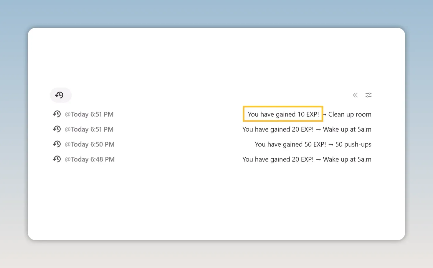 Notion list view showing timestamped activity entries and earned EXP labels