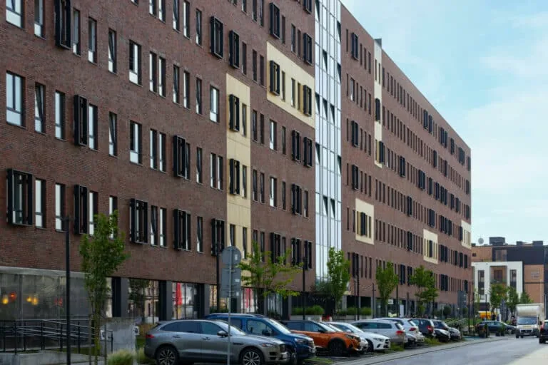 Exterior of modern student accommodation building in Kraków, Poland