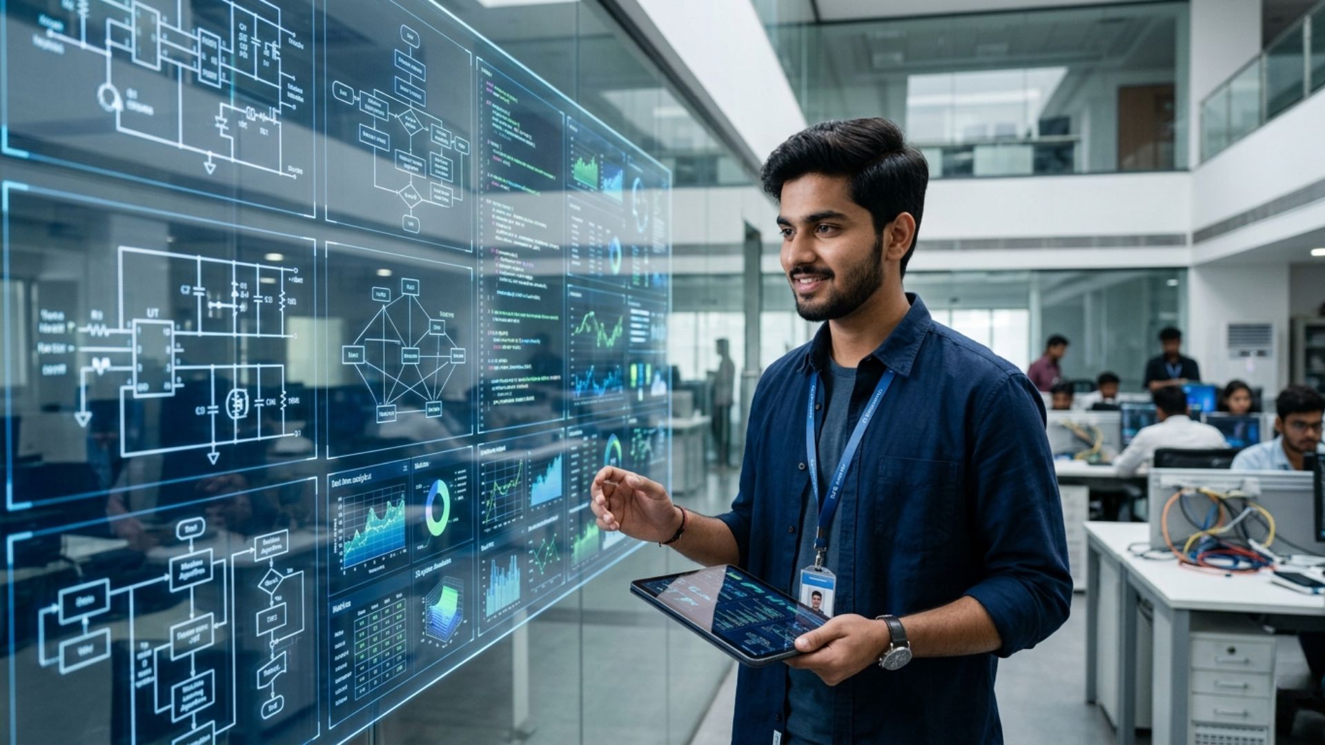 Software engineer working with AI-powered screens in a modern office for the topic will AI replace software engineers