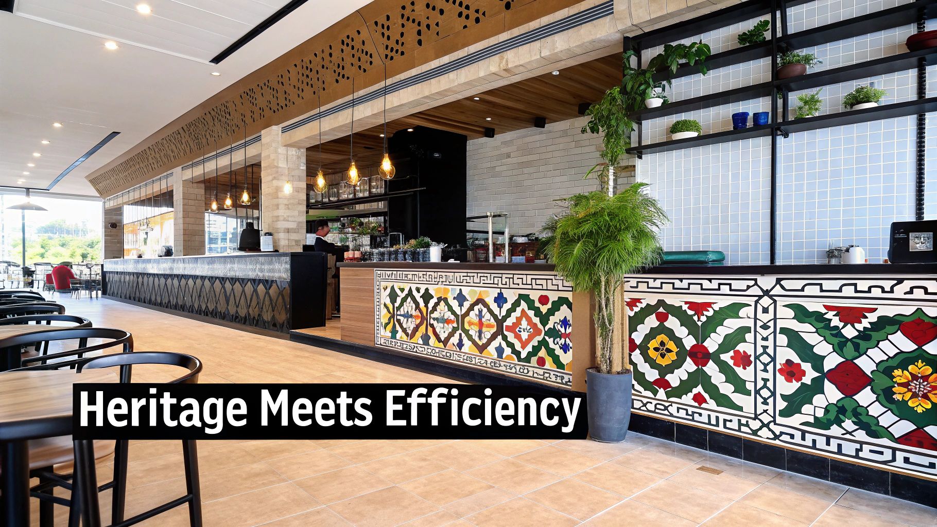 A vibrant modern coffee shop interior featuring a long counter with colorful, traditional patterned tiles.