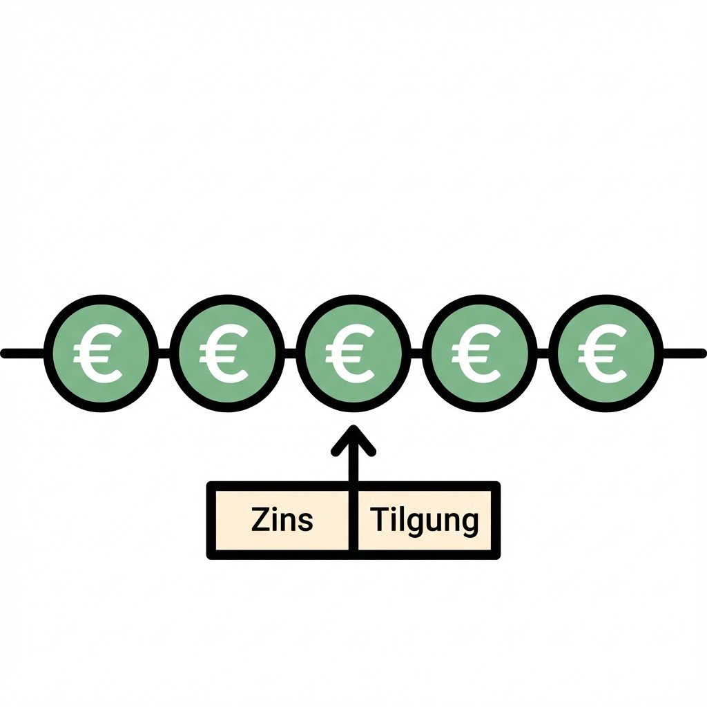 Fünf Euro-Münzen in einer Reihe. Ein Kasten darunter zeigt per Pfeil auf eine Münze, dass diese aus Zins und Tilgung besteht.