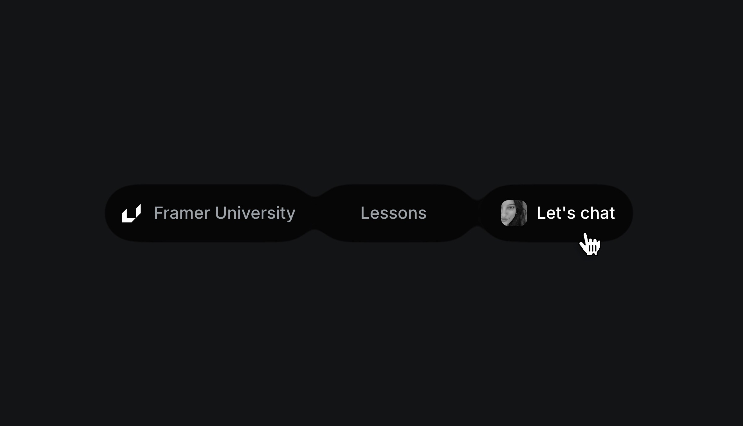 Interactive navbar with options Framer University, Lessons, and Let's Chat highlighted