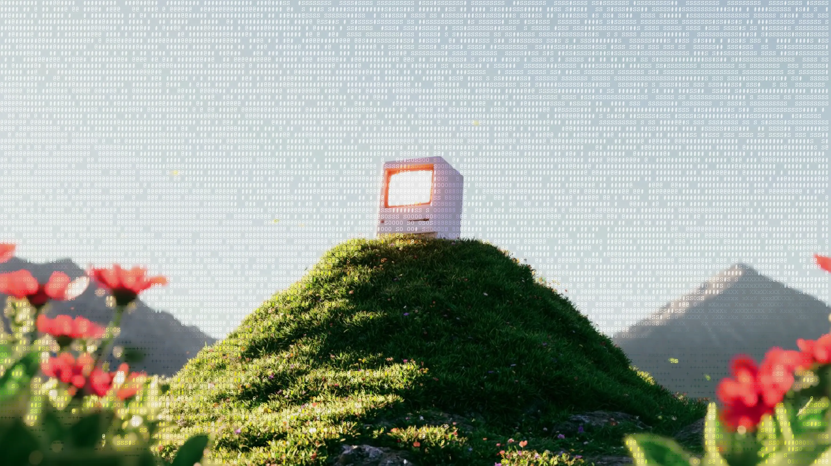 A 90s laptop, switched on and placed on a top of a green mountain