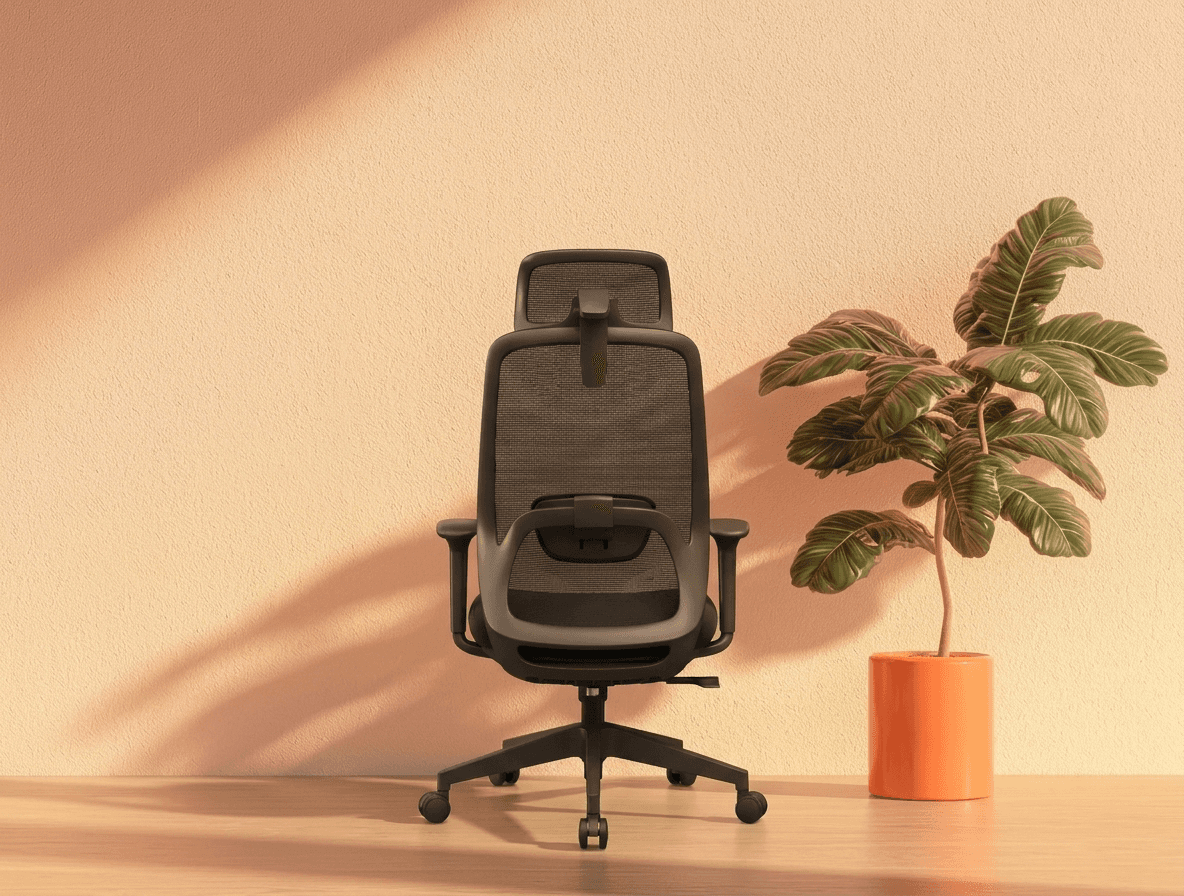 A rear view of a modern ergonomic office chair incorporating a SingOFai Furniture backrest component in matte black. The chair features a high-tension mesh back for ventilation, an adjustable headrest, and a distinctively curved lower frame that provides robust lumbar support. The design is complemented by sleek armrests and a five-star swivel base, set in a minimalist interior with a potted plant and warm, natural sunlight.